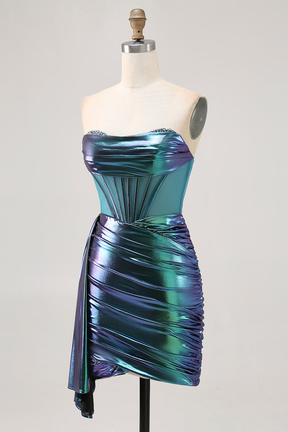Metallic Grön Korsett Rynkad Bodycon Kort Homecoming Klänning