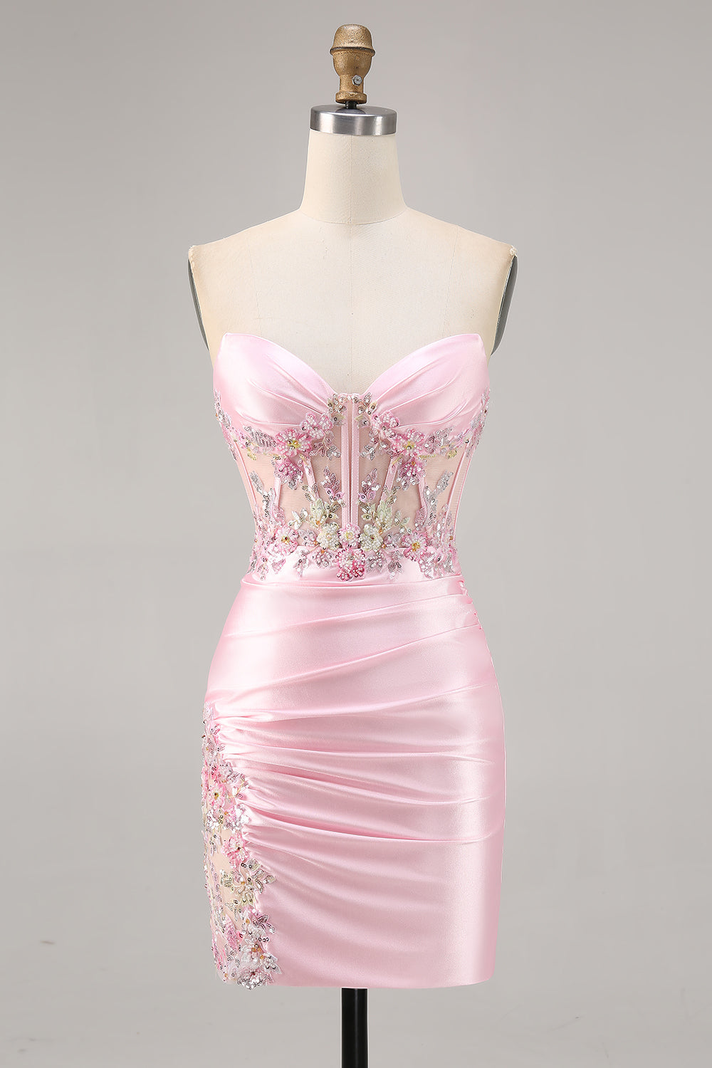 Godis Rosa Satin Bodycon Kort Korsett Homecoming Klänning med Applique