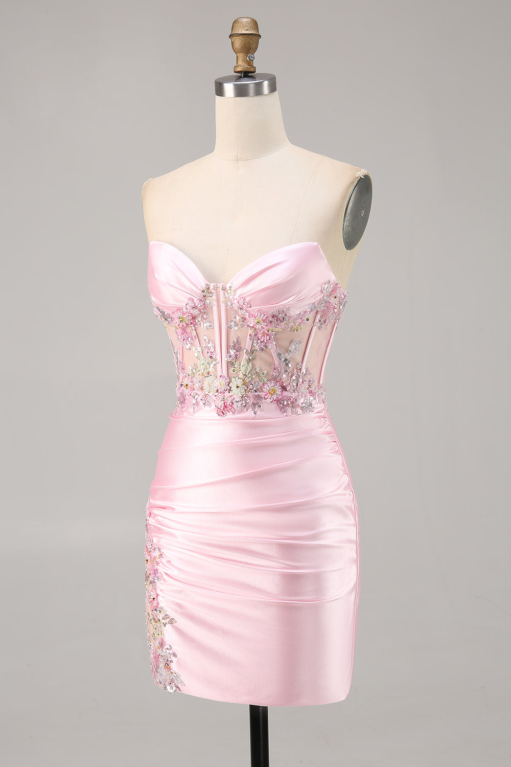 Godis Rosa Satin Bodycon Kort Korsett Homecoming Klänning med Applique