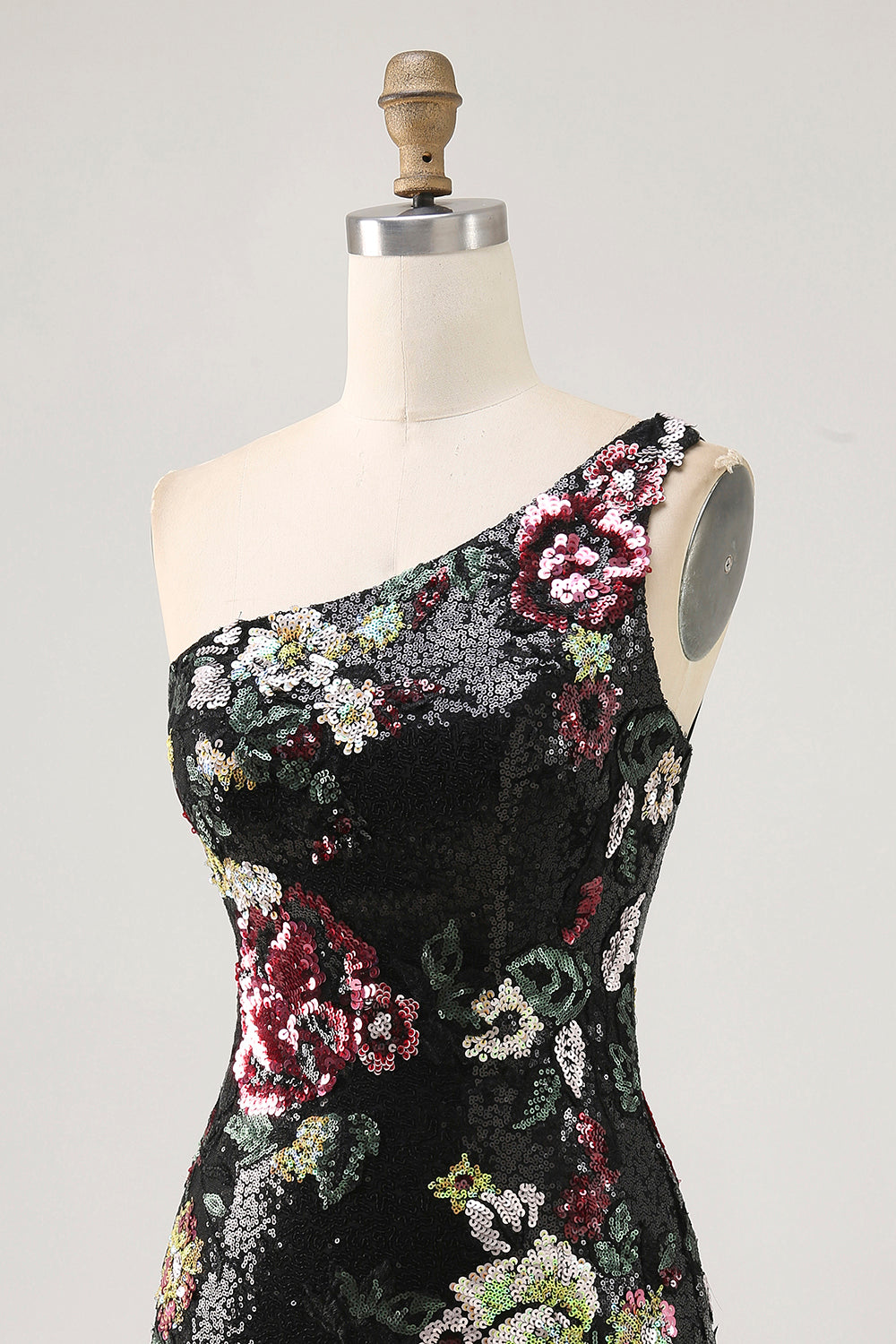 Svart Blomma Bodycon Paljett Ena Axeln Homecoming Klänning