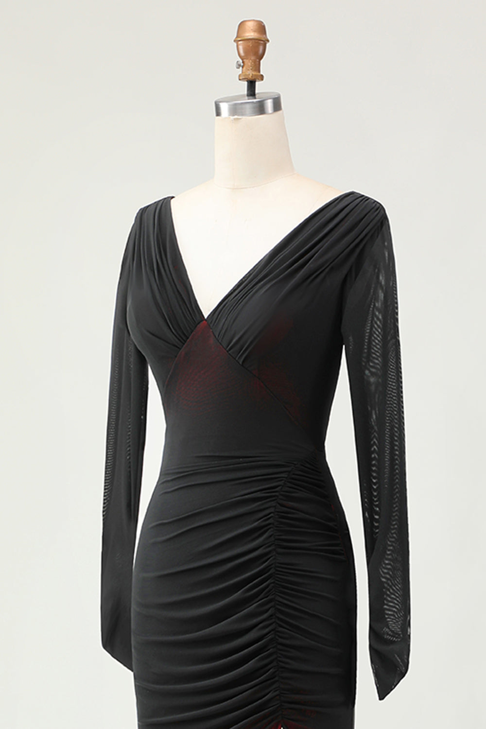 Svart Röd Rynkad Fodral Långärmad Brudtärna Klänning med slits