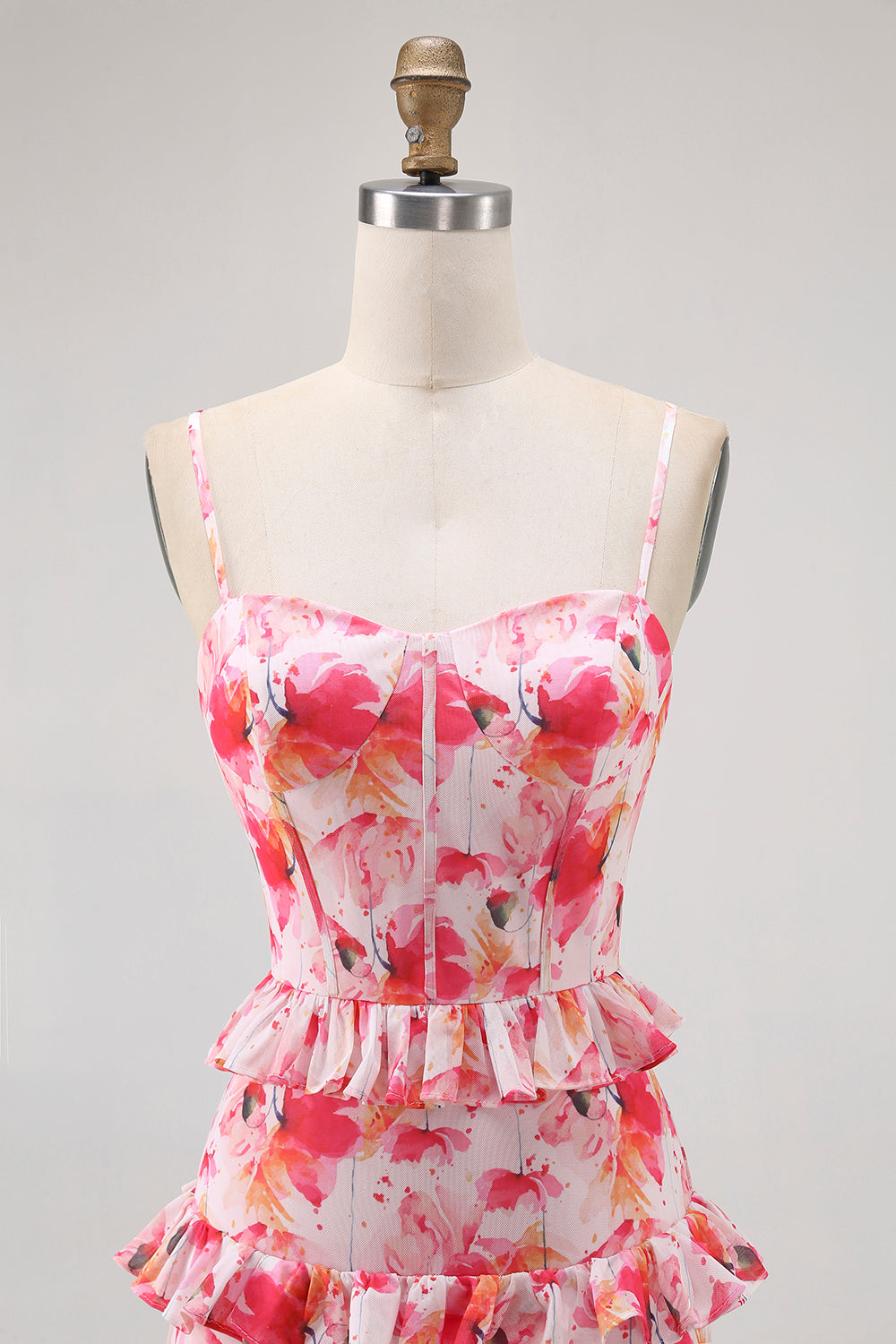 Rosa Blommig Ruffled Slida Lång Bröllop Gäst Klänning Med Slits