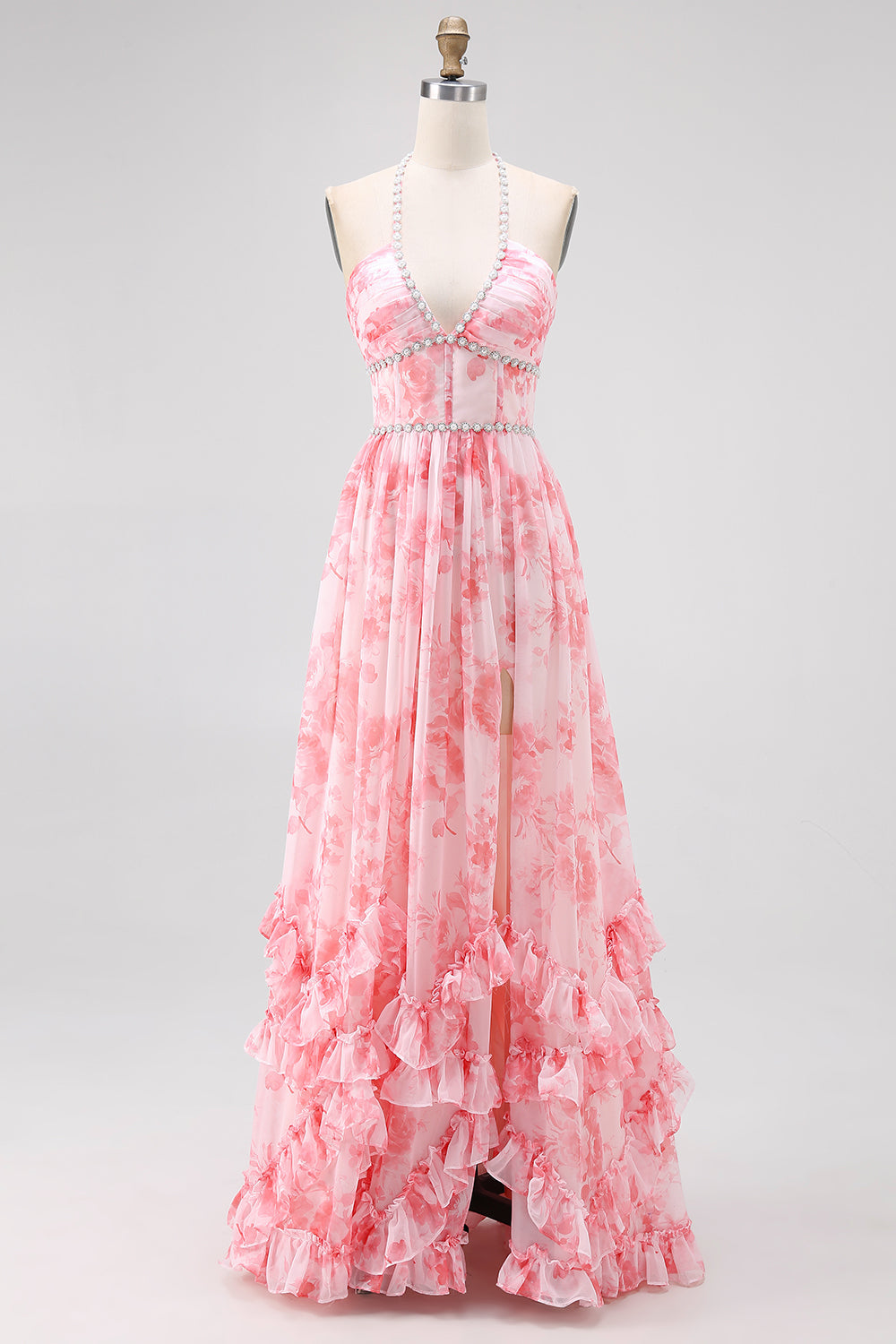 rodnad pärlstav halter tryckt blommig bröllop gästklänning med slits