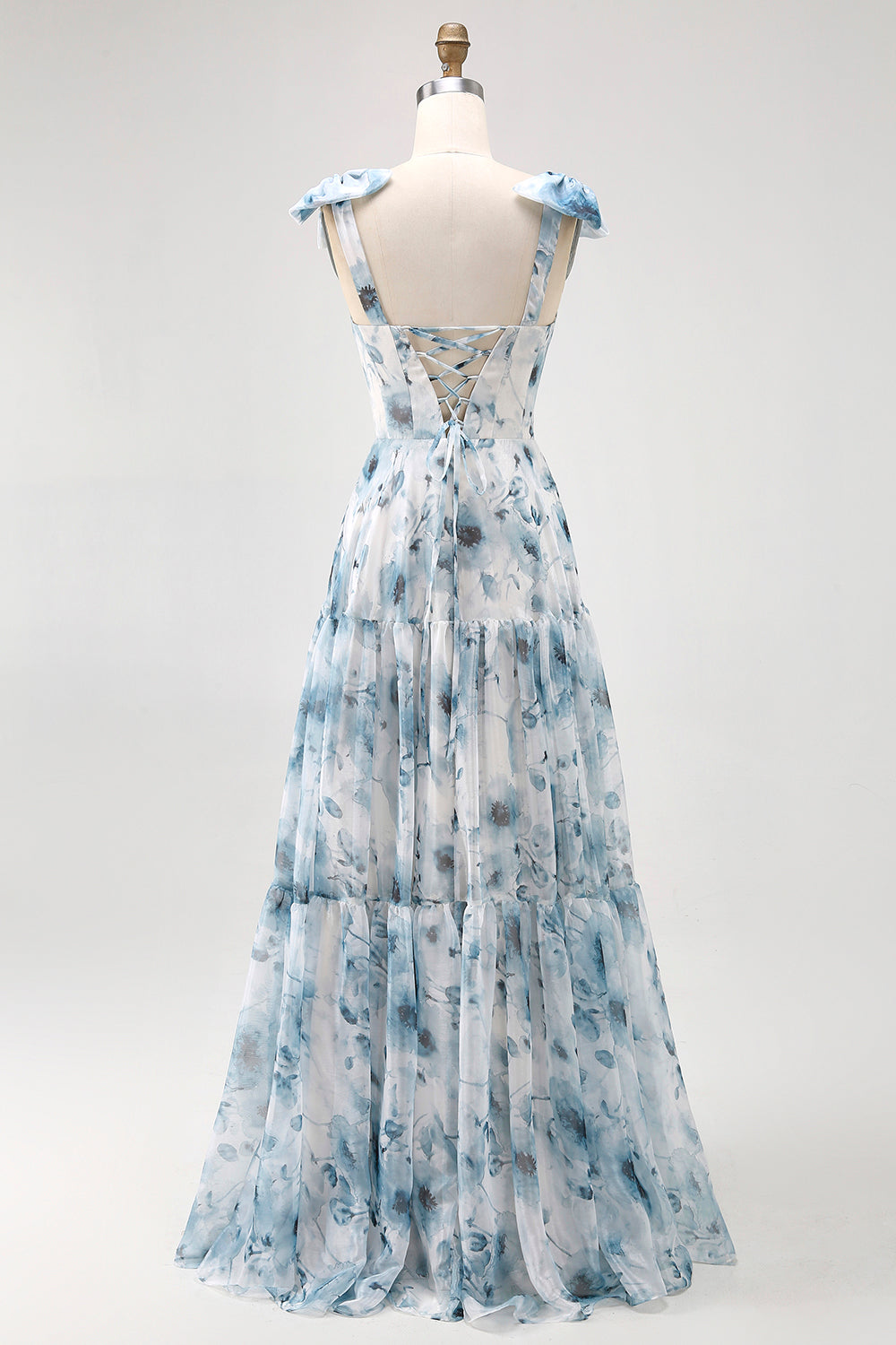 Blå Blomma Tryckt En Linje Lång Brudtärna Klänning Med Snörning Tillbaka