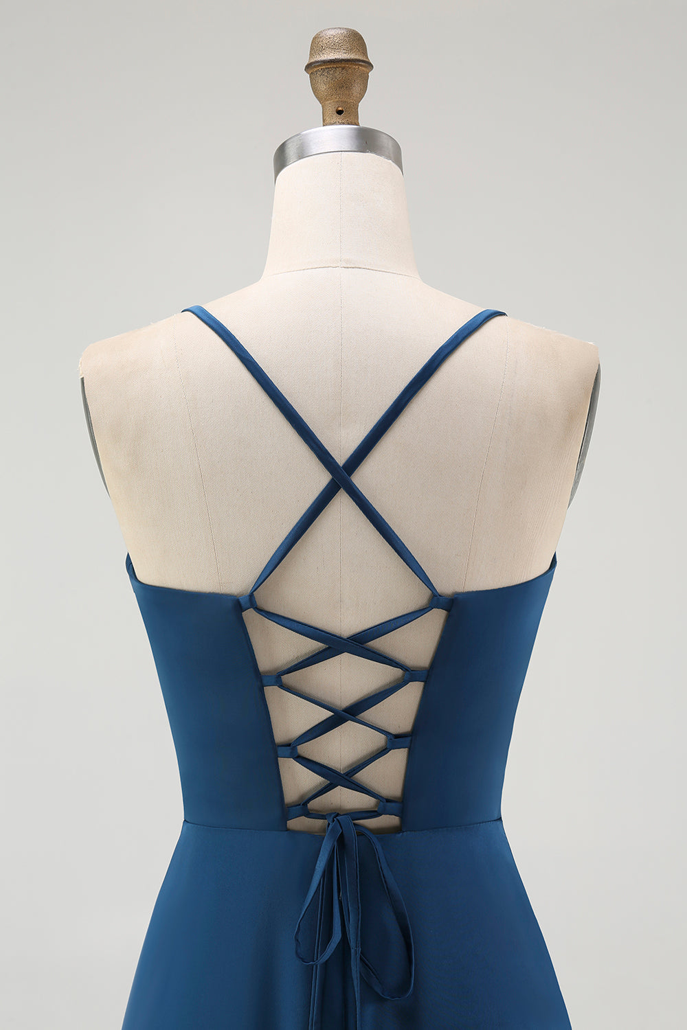 Mörkblå Spaghetti Remmar En Linje Lång Brudtärna Klänning