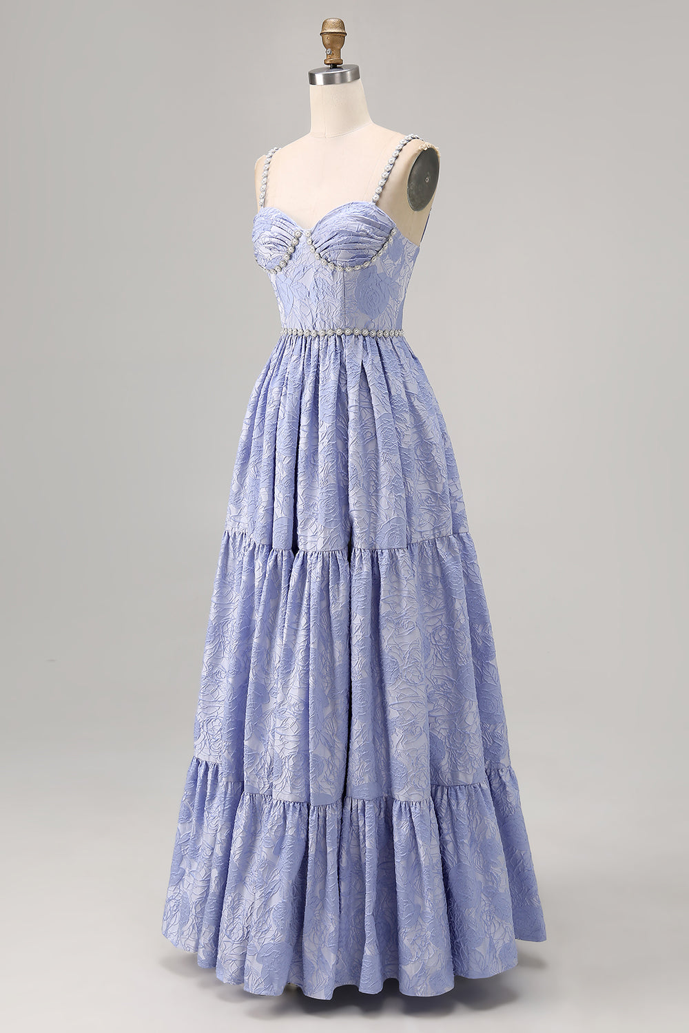 Blå blomma A-linje pärlstav bröllop gäst klänning med slits