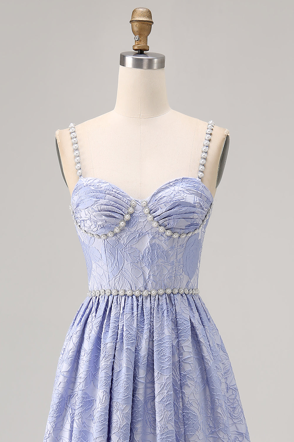 Blå blomma A-linje pärlstav bröllop gäst klänning med slits