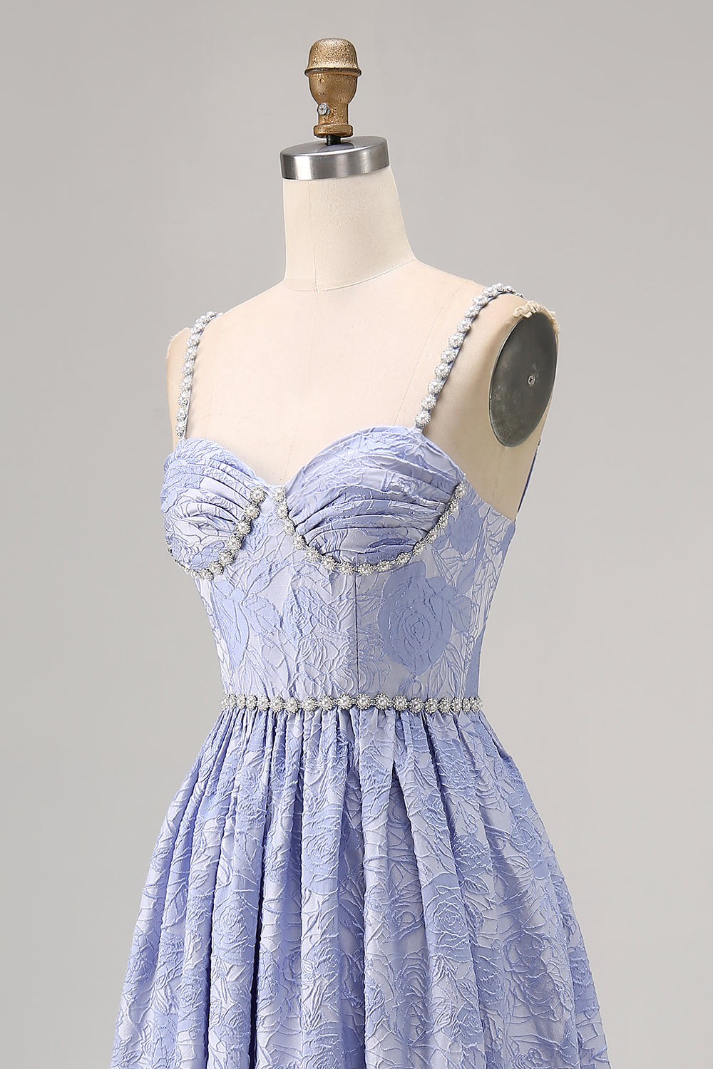 Blå blomma A-linje pärlstav bröllop gäst klänning med slits