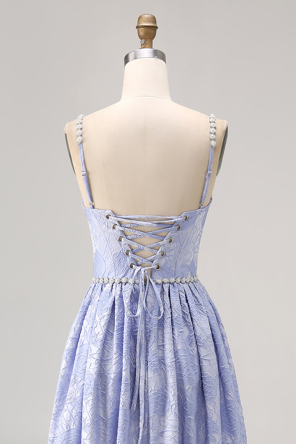 Blå blomma A-linje pärlstav bröllop gäst klänning med slits