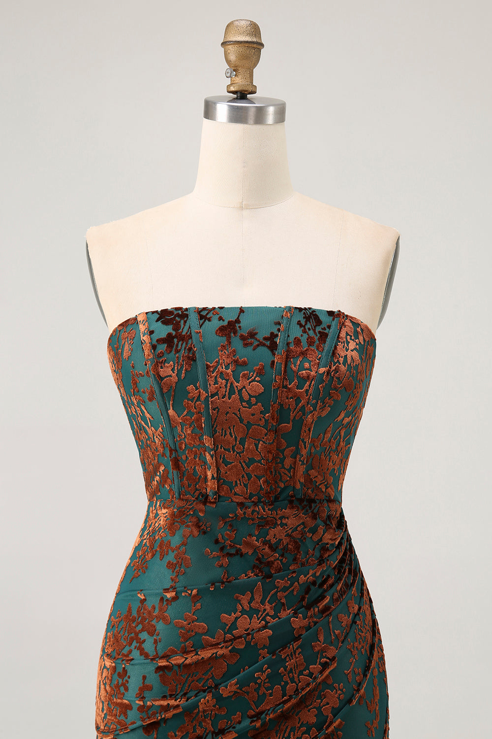 Axelbandslös Påfågel Grön Korsett Burnout Sammet Brudtärna Klänning med slits