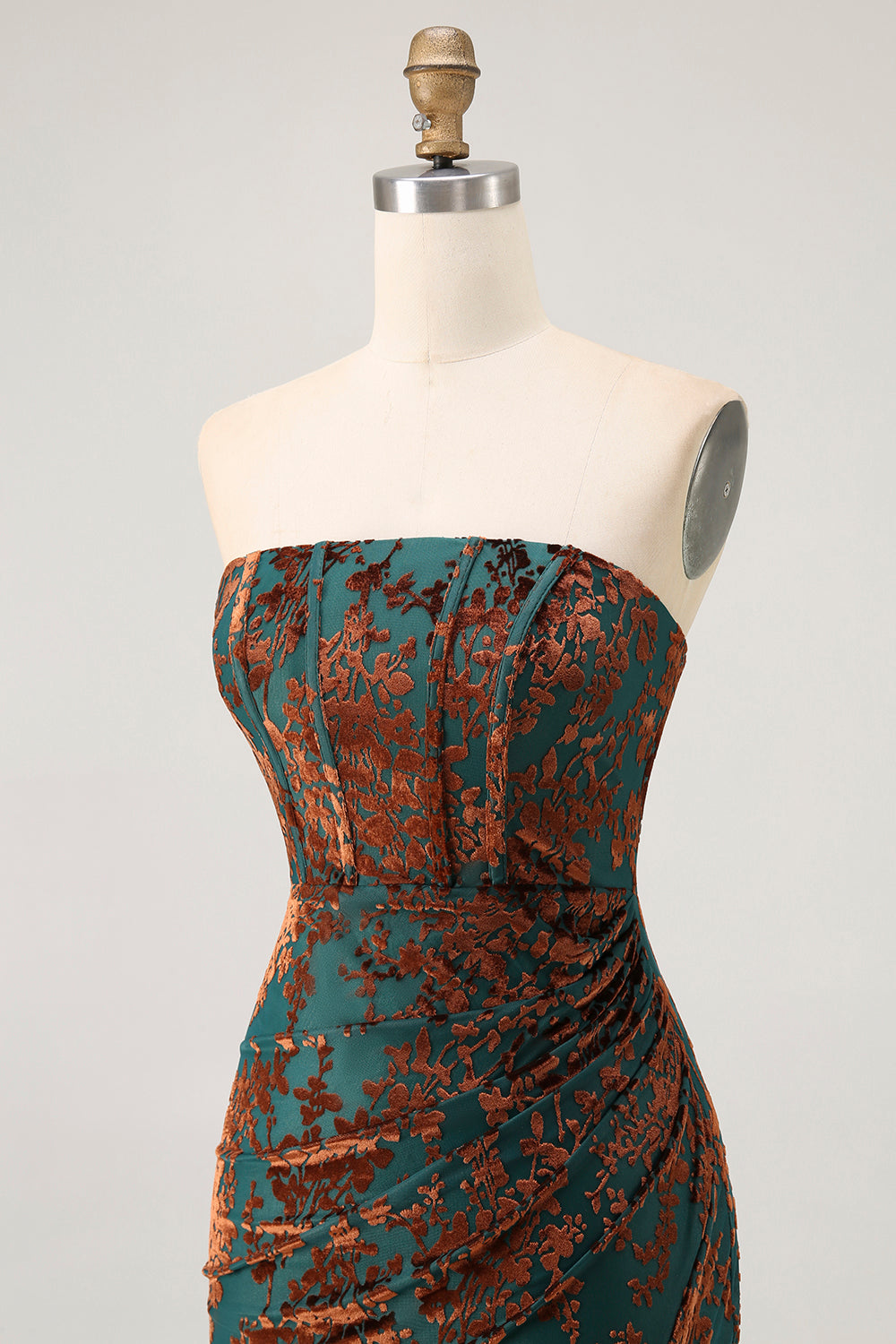 Axelbandslös Påfågel Grön Korsett Burnout Sammet Brudtärna Klänning med slits