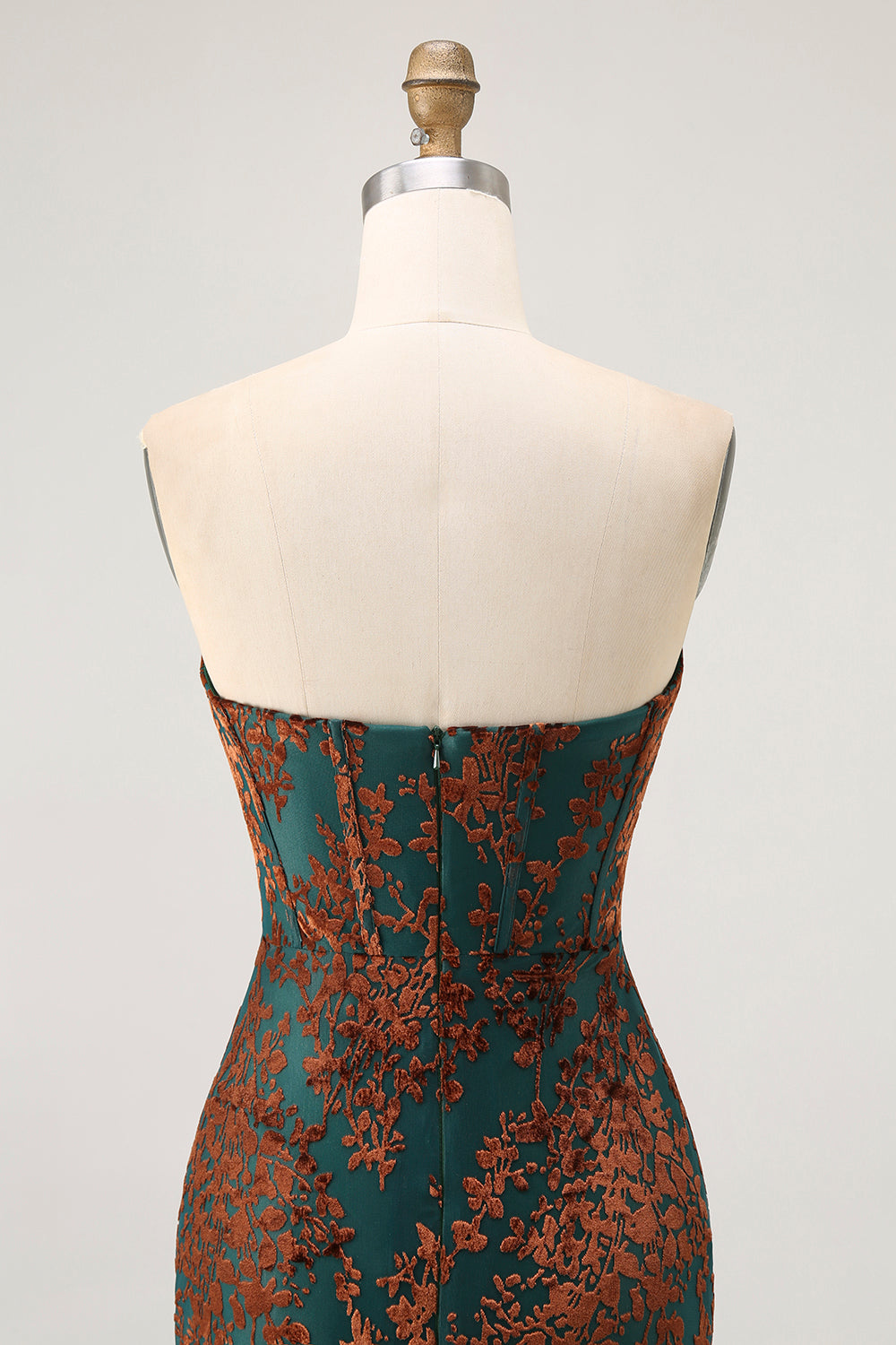 Axelbandslös Påfågel Grön Korsett Burnout Sammet Brudtärna Klänning med slits