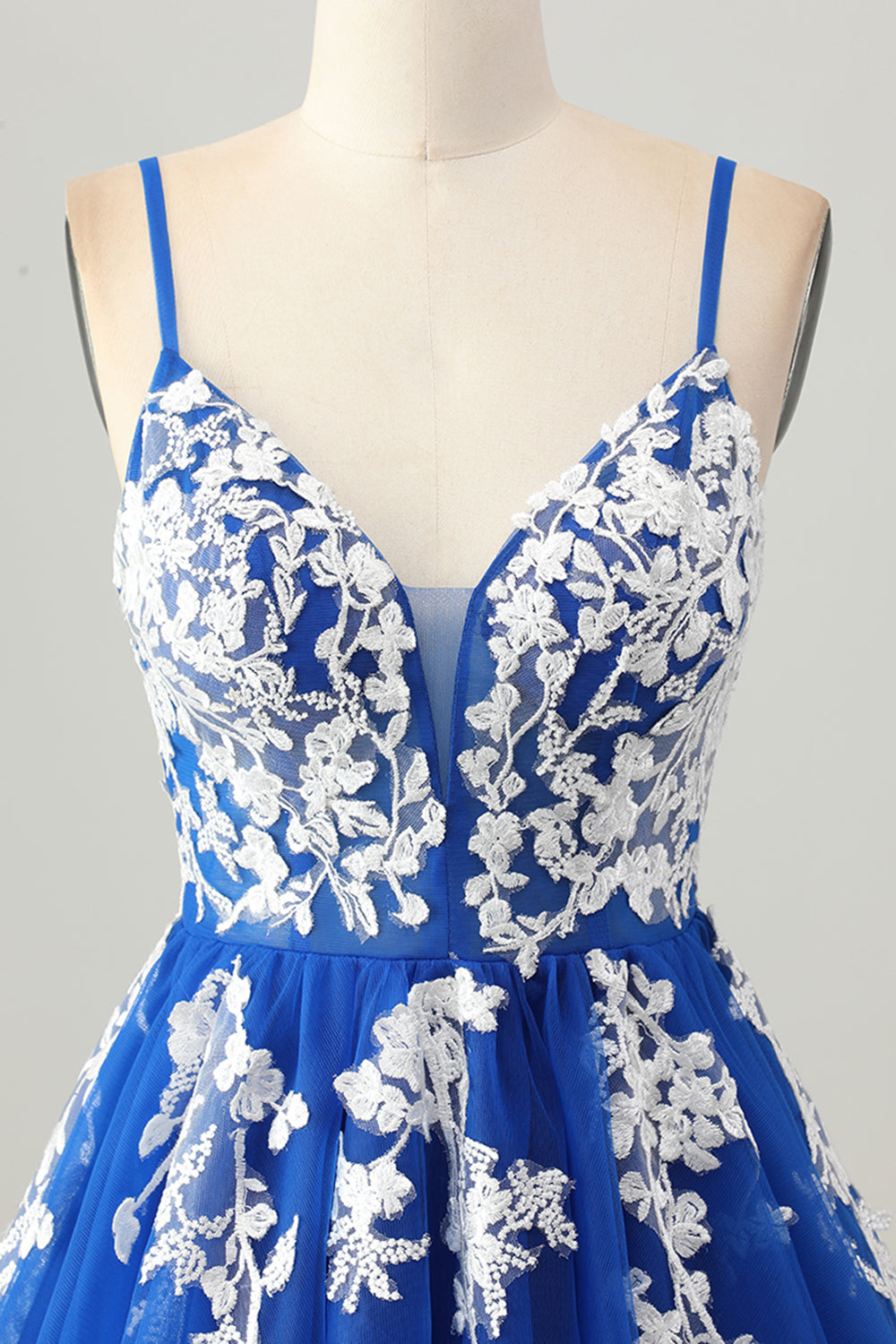 Royal Blue A-linje Spaghetti Straps Tyll Kort Homecoming Klänning med Snörning Upp Tillbaka