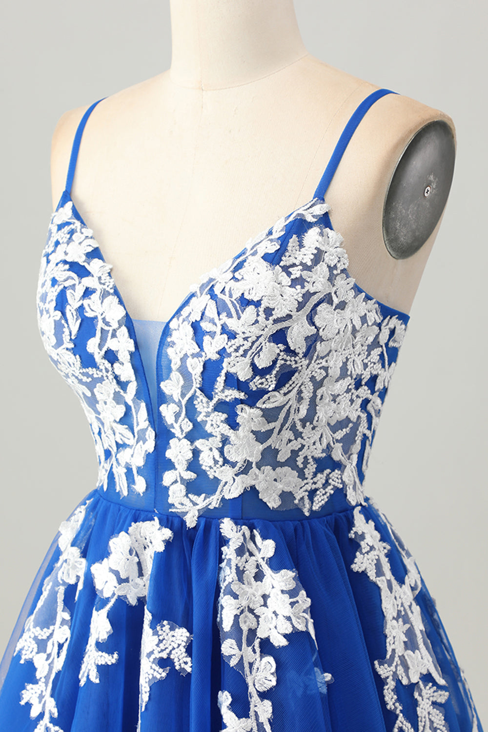 Royal Blue A-linje Spaghetti Straps Tyll Kort Homecoming Klänning med Snörning Upp Tillbaka