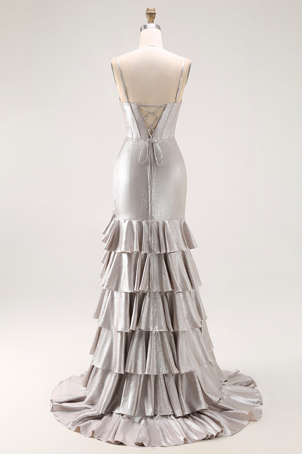 Grå sjöjungfru pärlstav Korsett Tiered Plisserad Lång Balklänning med slits