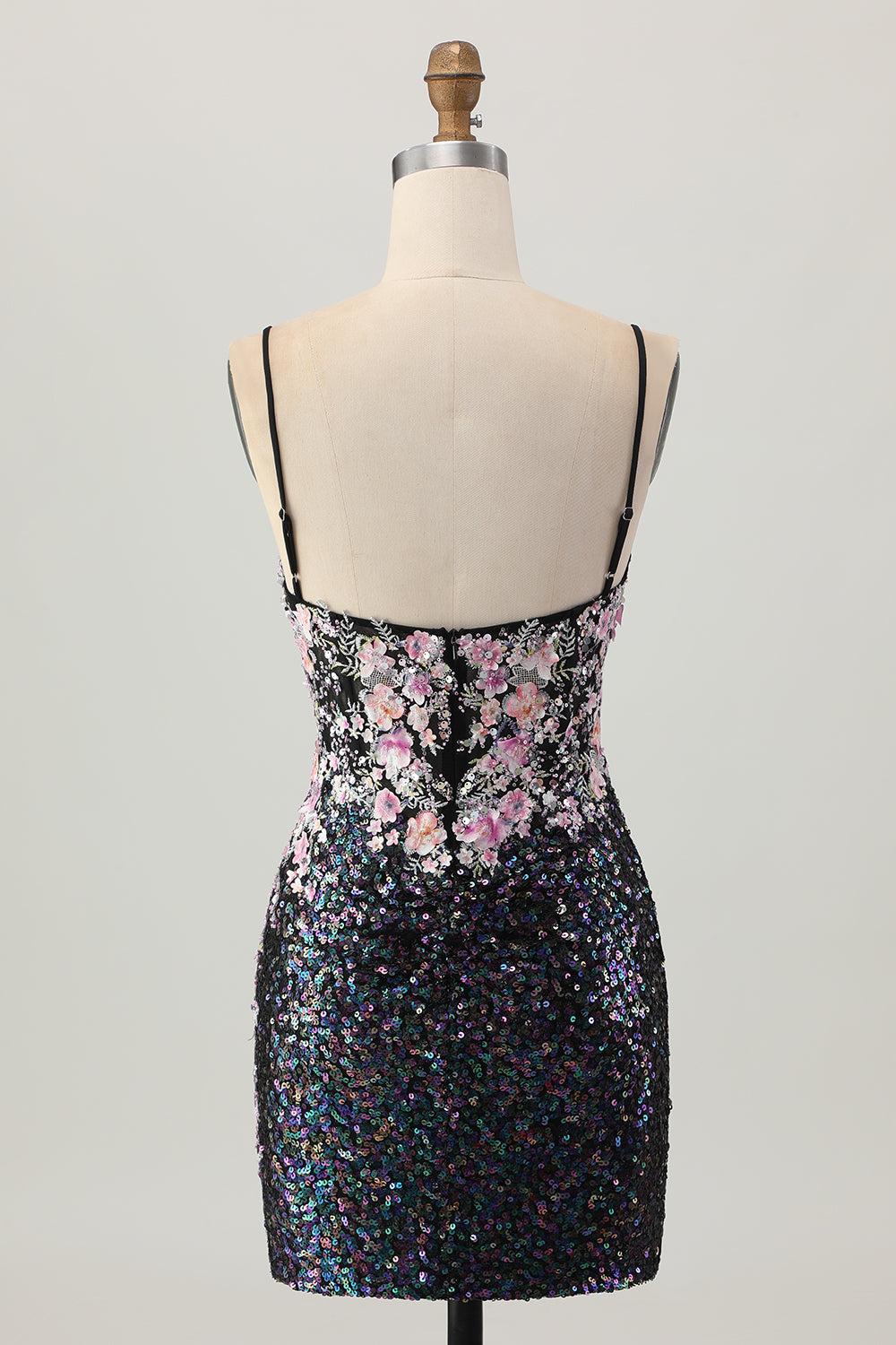 Glittrande Svart Rosa Blomma Bodycon Korsett Kort Homecoming Klänning med Paljetter