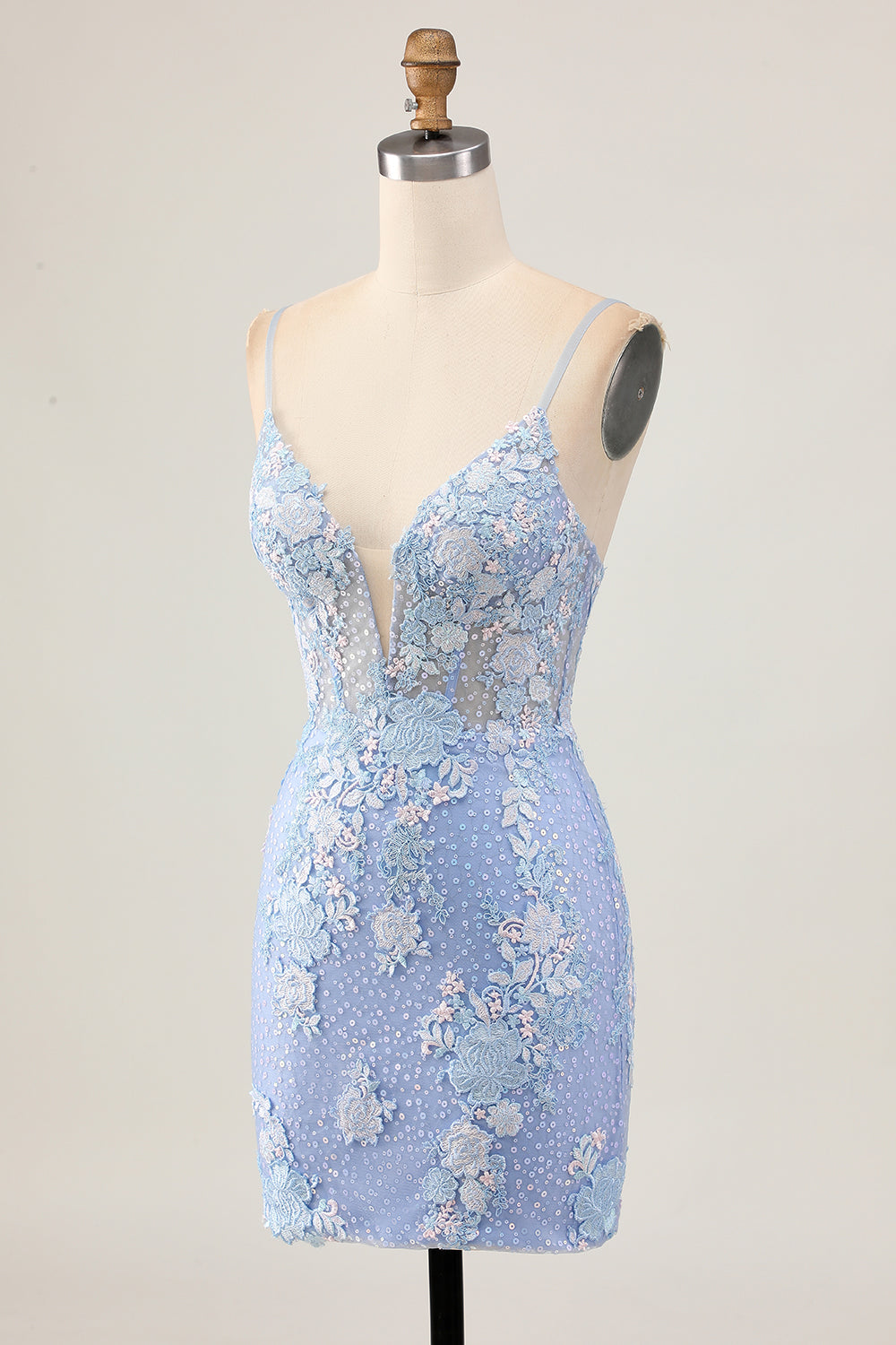 Ljusblå Bodycon Blommiga Paljetter Homecoming Klänning med Appliques