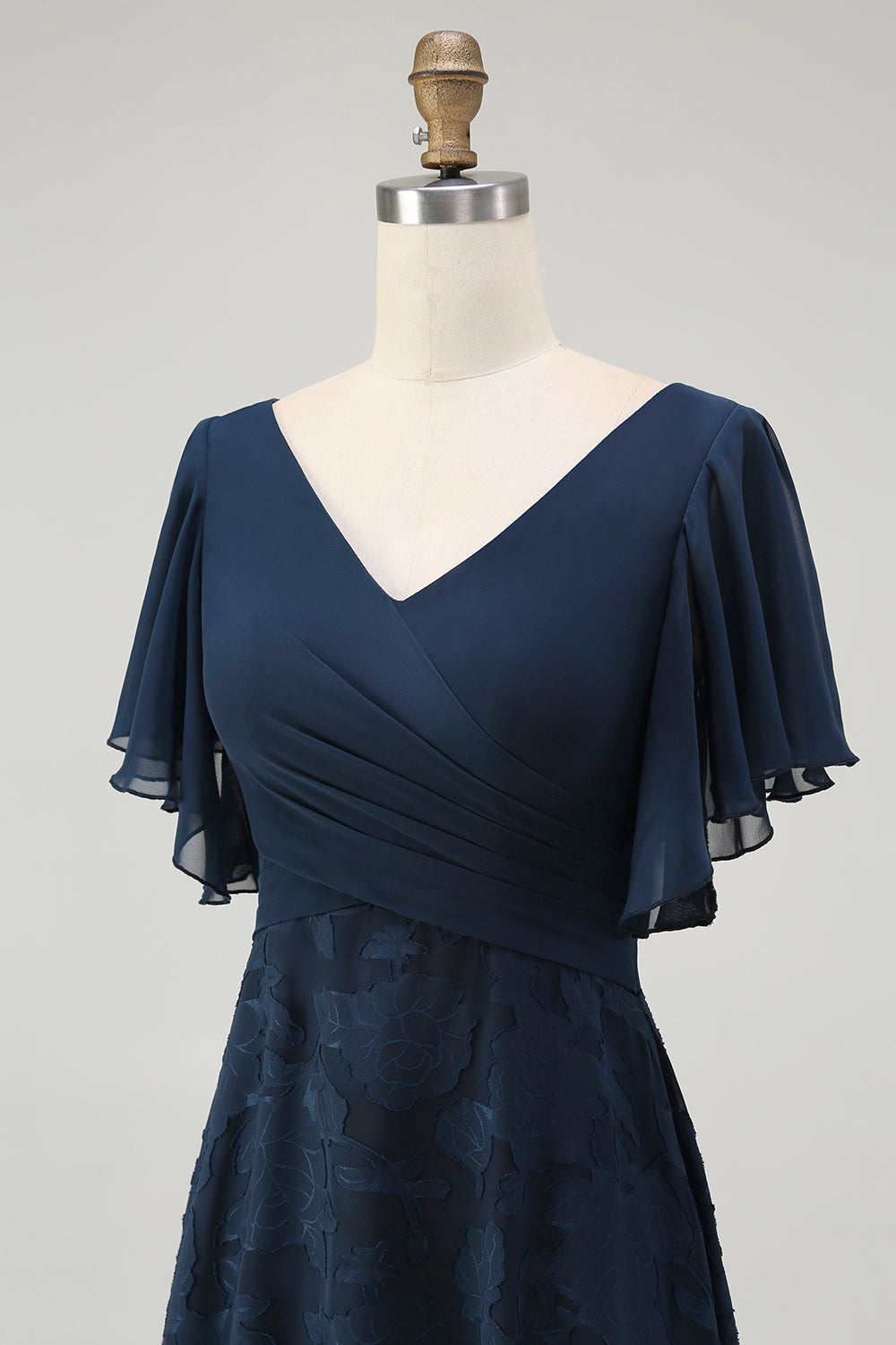 Marinblå Blommig En linje V-hals Lång Brudtärna Klänning med Fladdrande Ärmar