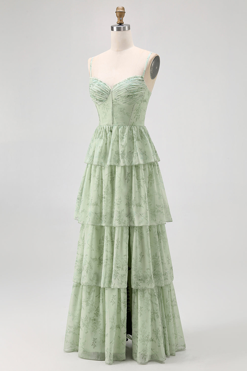 Dusty Sage En linje Korsett Tiered Chiffong Lång Brudtärna Klänning Med Slits