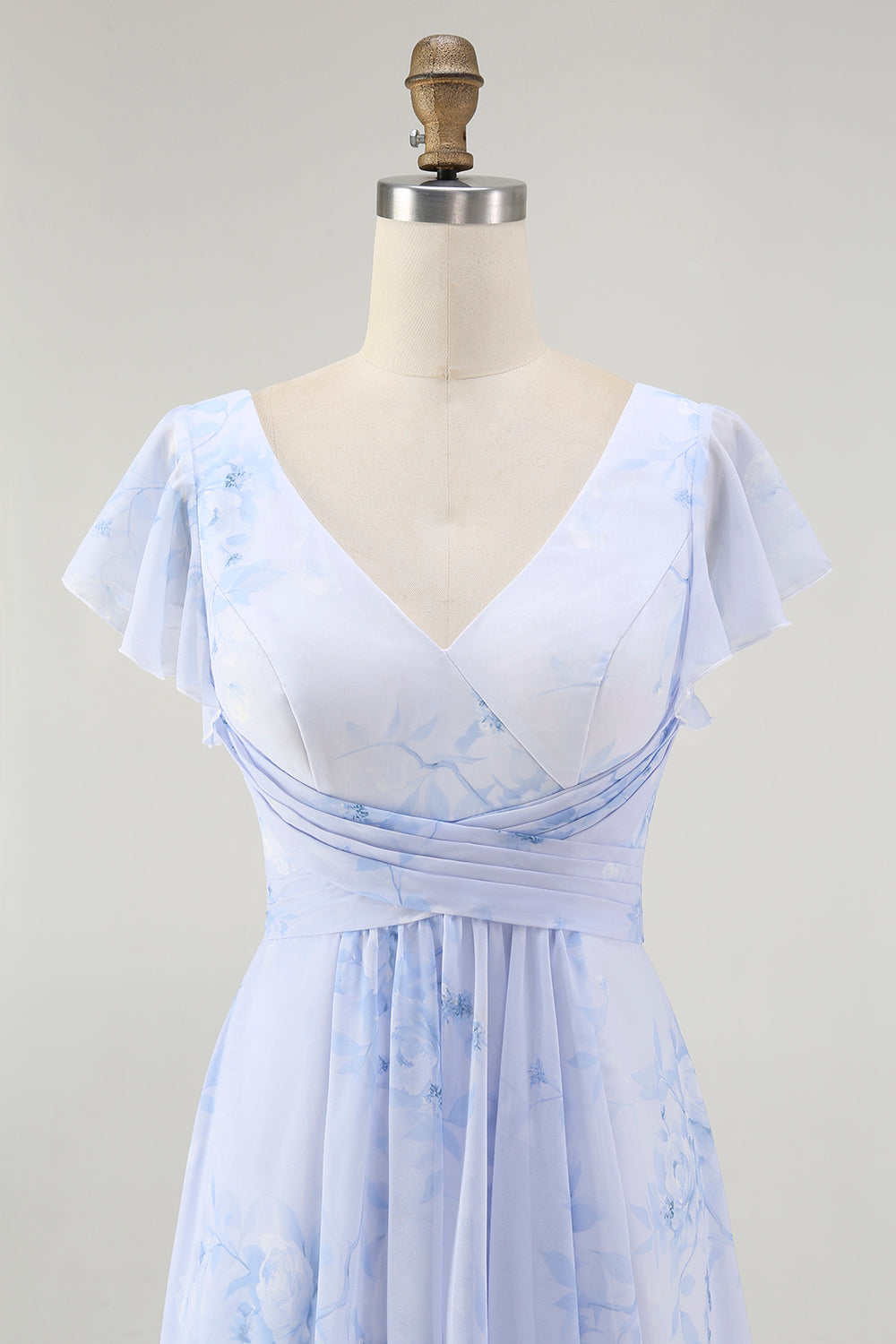 Blå Blommig En linje V-hals Chiffong Lång Brudtärna Klänning med Slits