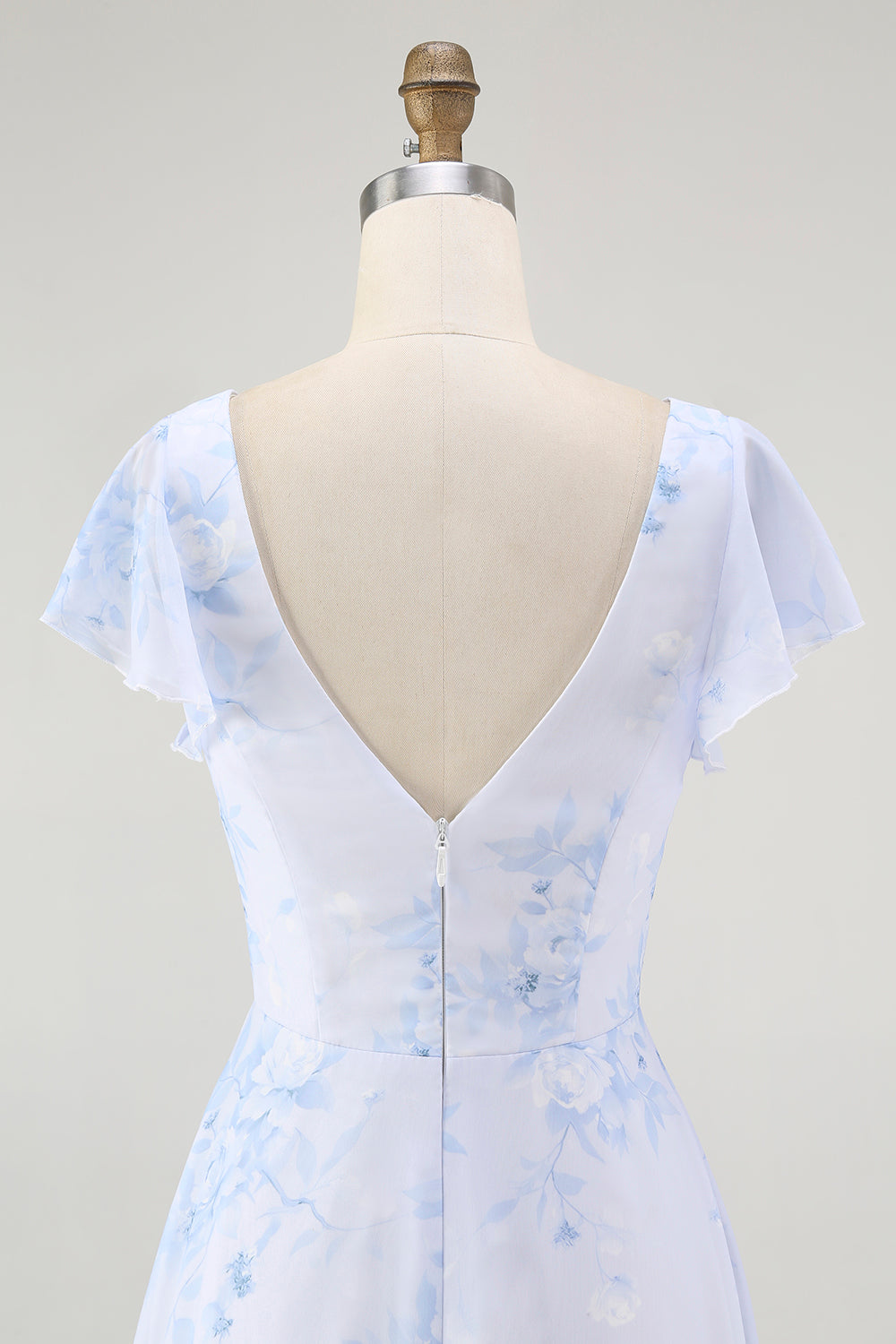 Blå Blommig En linje V-hals Chiffong Lång Brudtärna Klänning med Slits