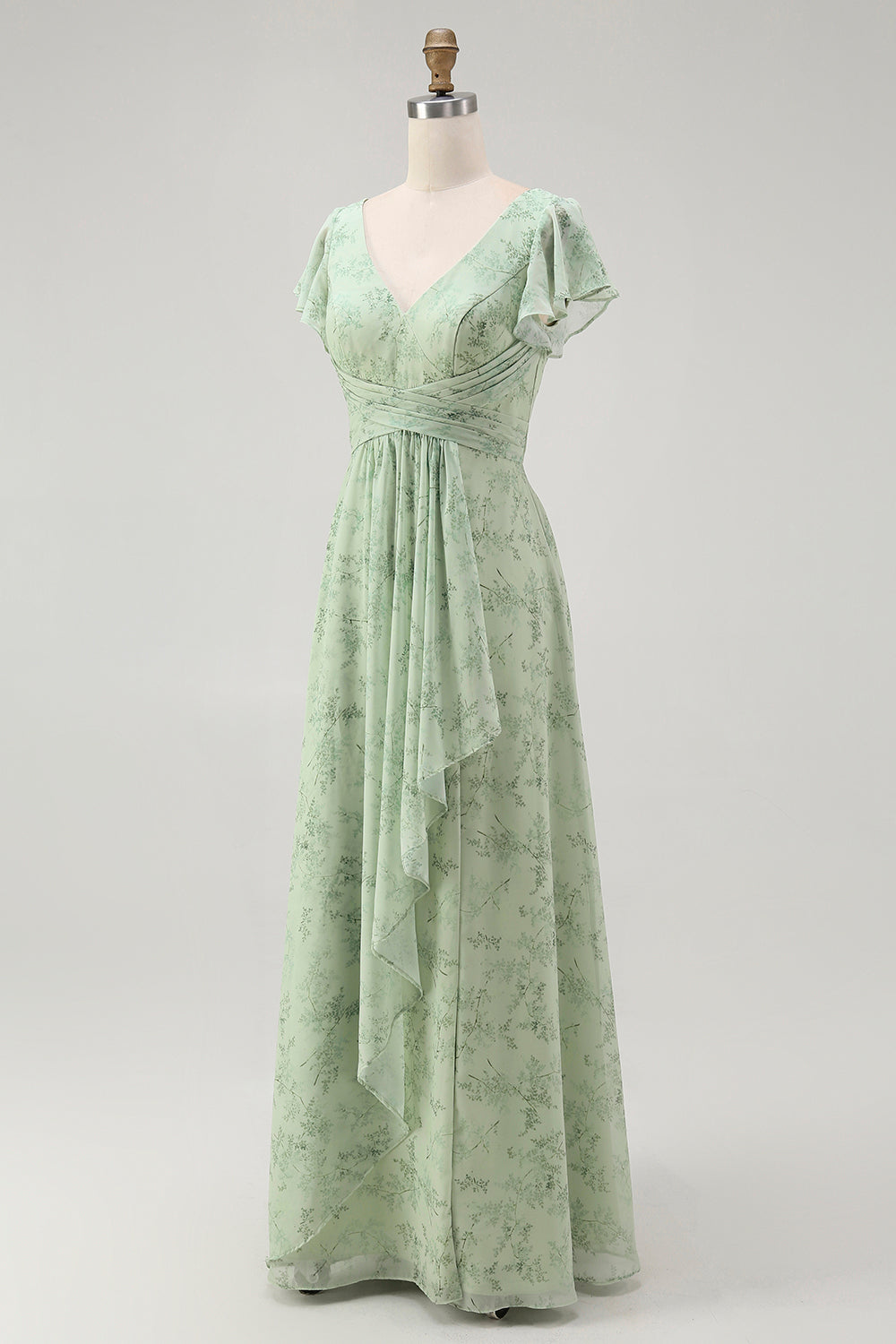 Dusty Sage A Line Kortärmad brudtärna klänning med slits