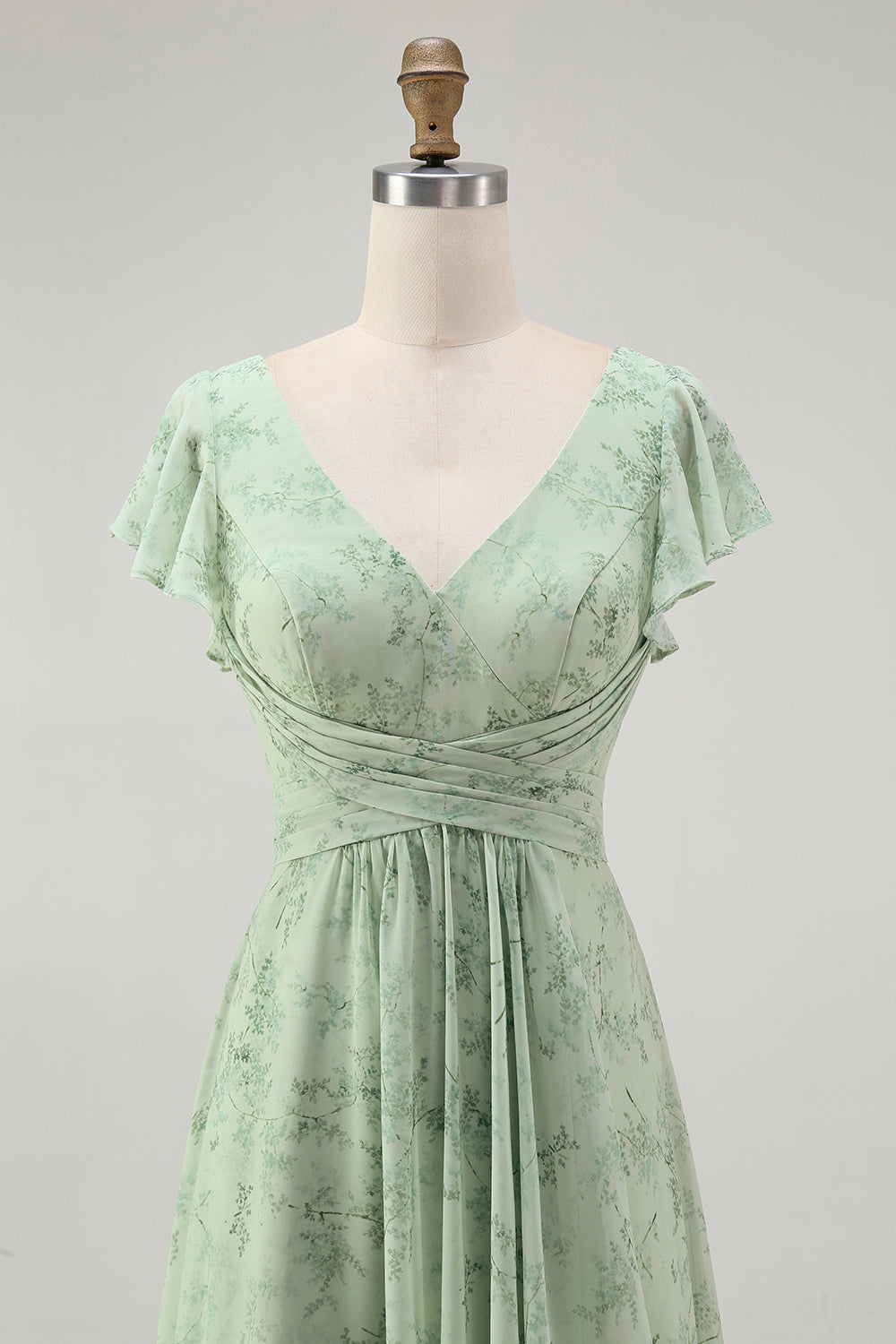 Blå Blommig En linje V-hals Chiffong Lång Brudtärna Klänning med Slits