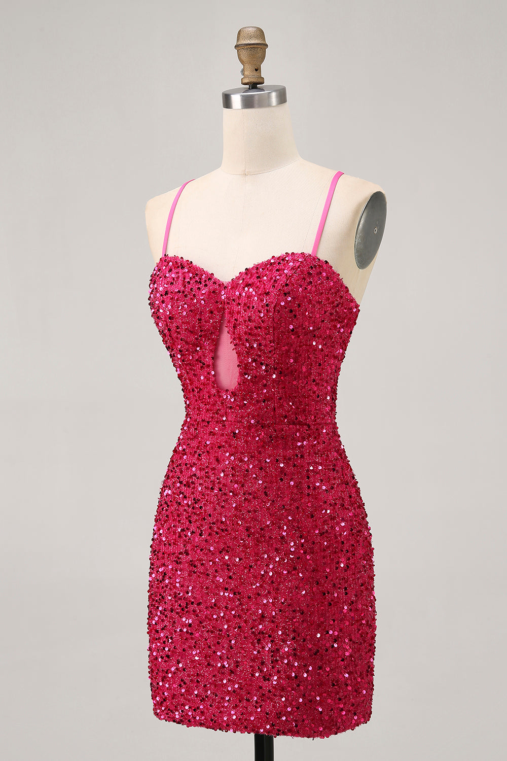 Glittrande Paljetter Fuchsia Spaghetti Remmar Kort Tight Homecoming Klänning