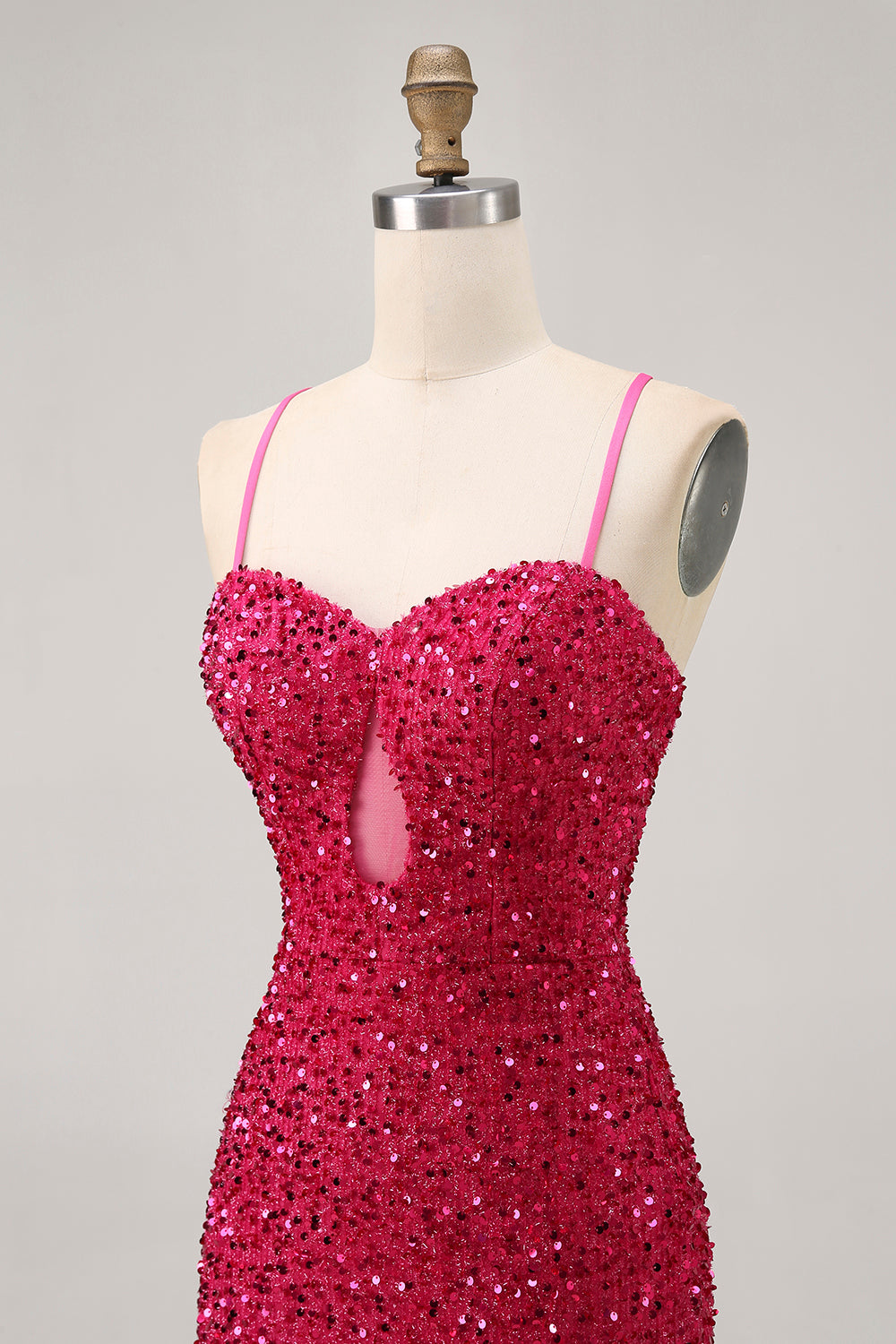 Glittrande Paljetter Fuchsia Spaghetti Remmar Kort Tight Homecoming Klänning