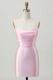 Rodnande Rosa Bodycon Spaghetti Straps Kort Homecoming Klänning med Snörning Upp Tillbaka