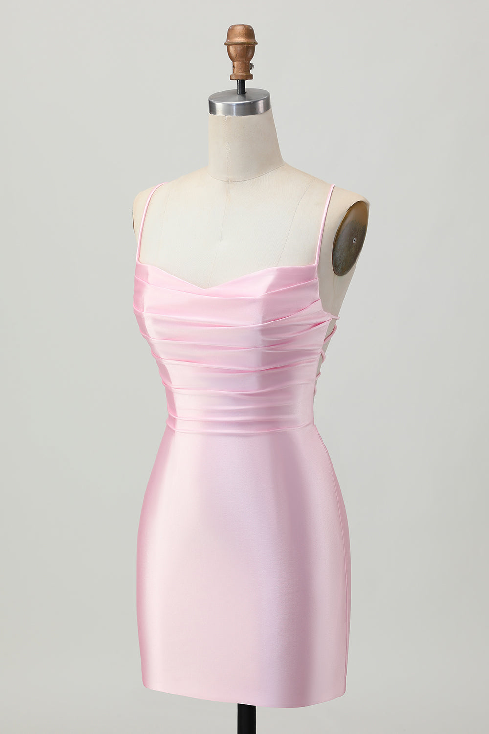 Rodnande Rosa Bodycon Spaghetti Straps Kort Homecoming Klänning med Snörning Upp Tillbaka
