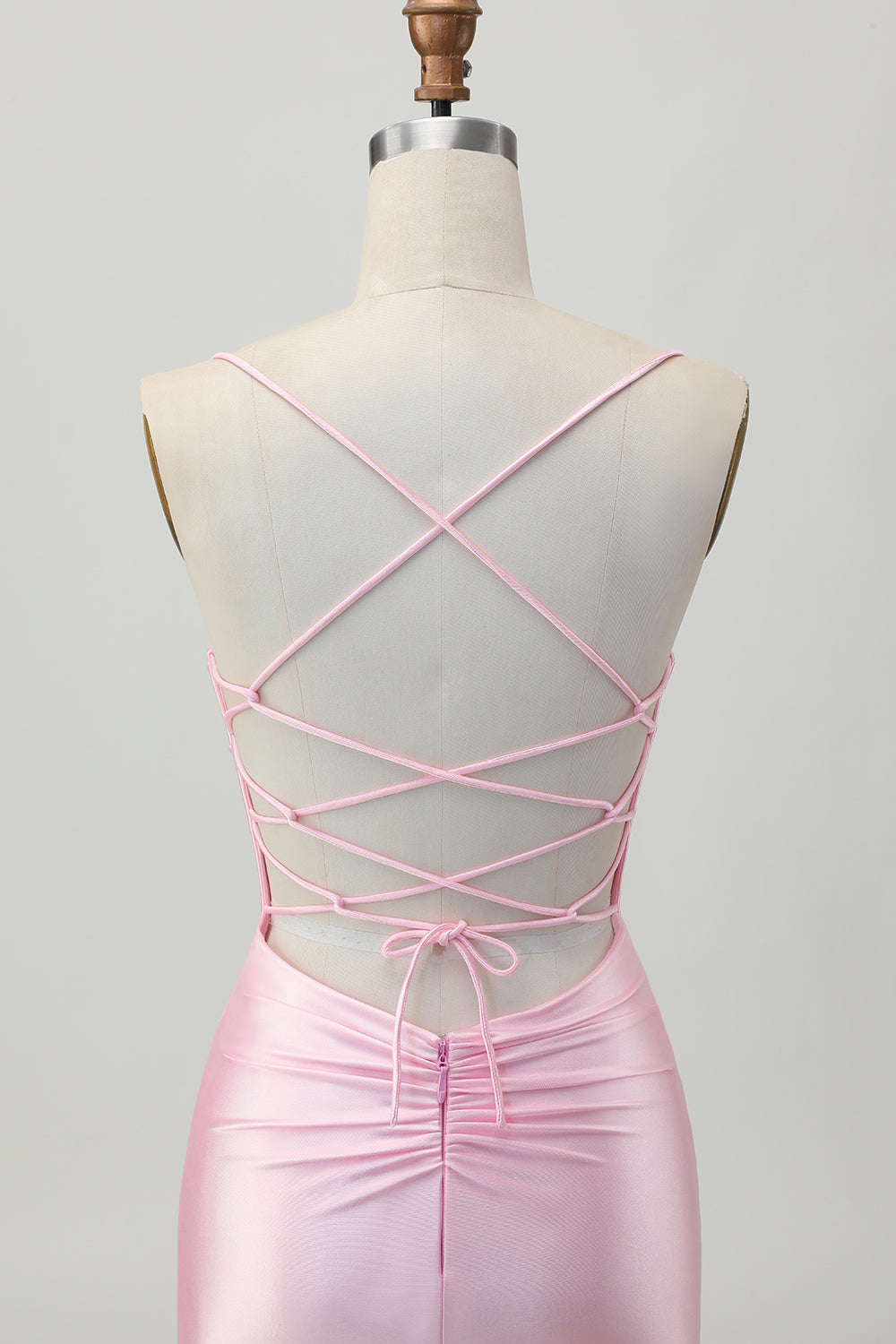 Rodnande Rosa Bodycon Spaghetti Straps Kort Homecoming Klänning med Snörning Upp Tillbaka