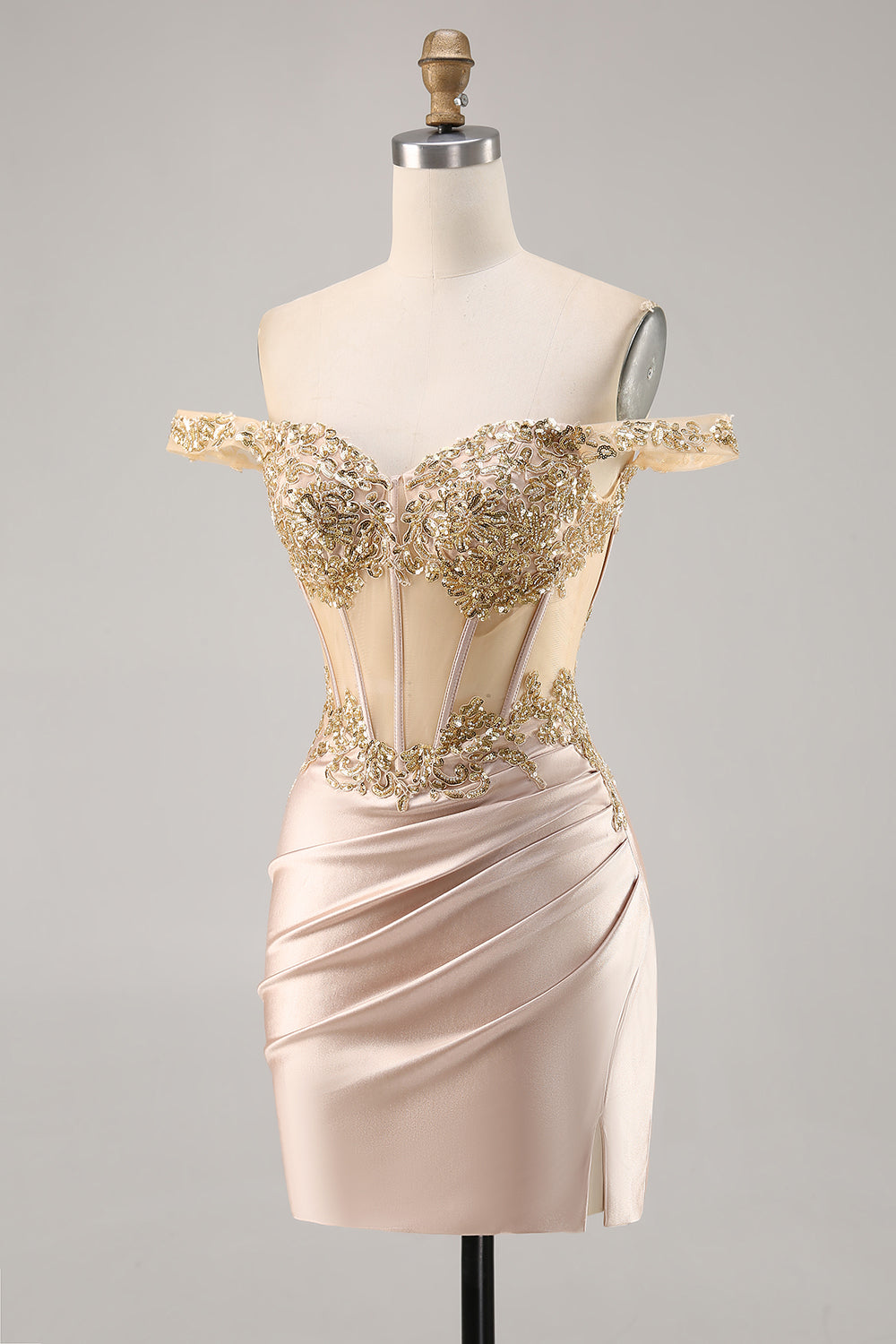 Off the Shoulder Korsett Bodycon Champagne Homecoming Klänning med Paljetter