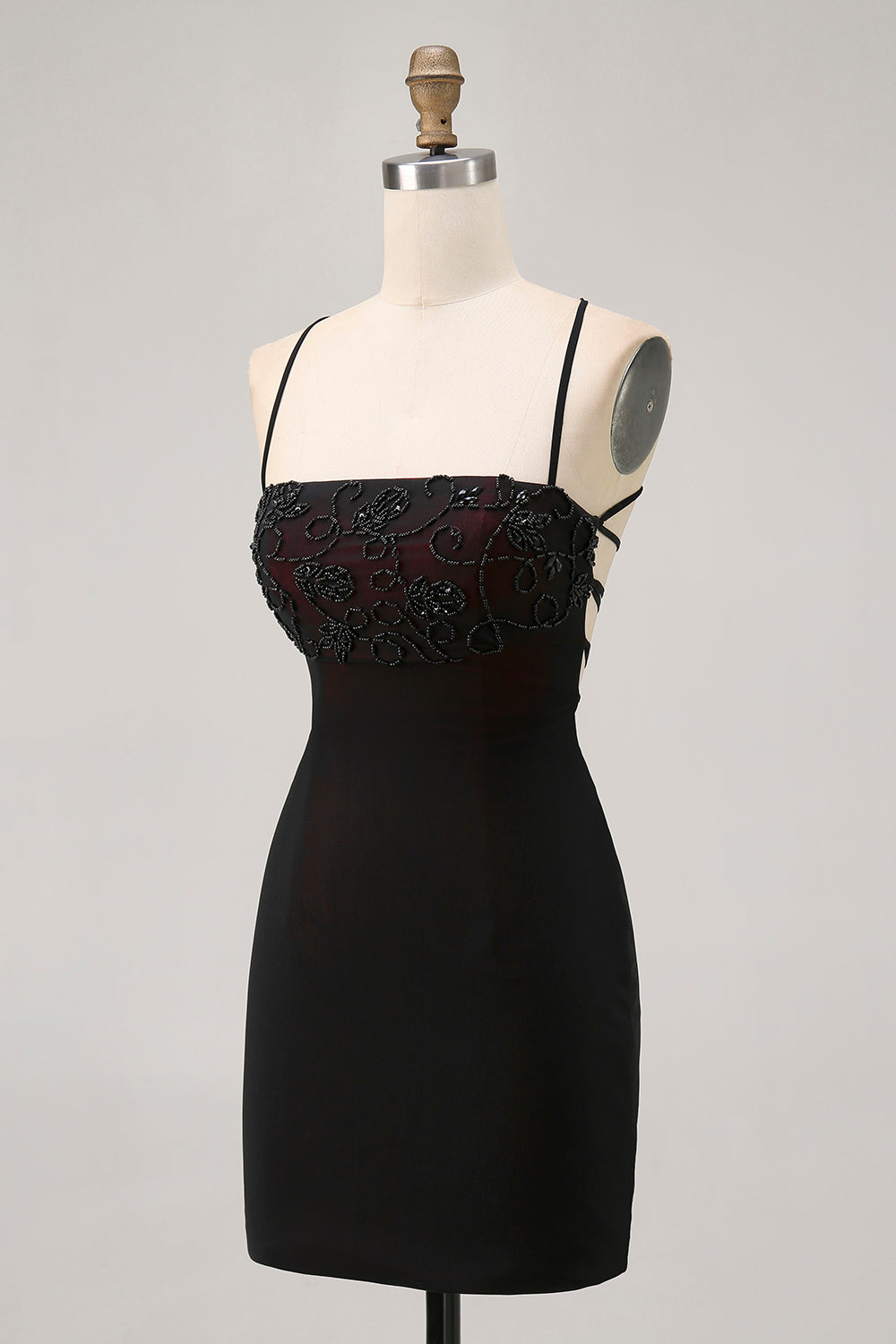 Svart Bodycon Spaghetti Straps Kort Homecoming Klänning med Beading