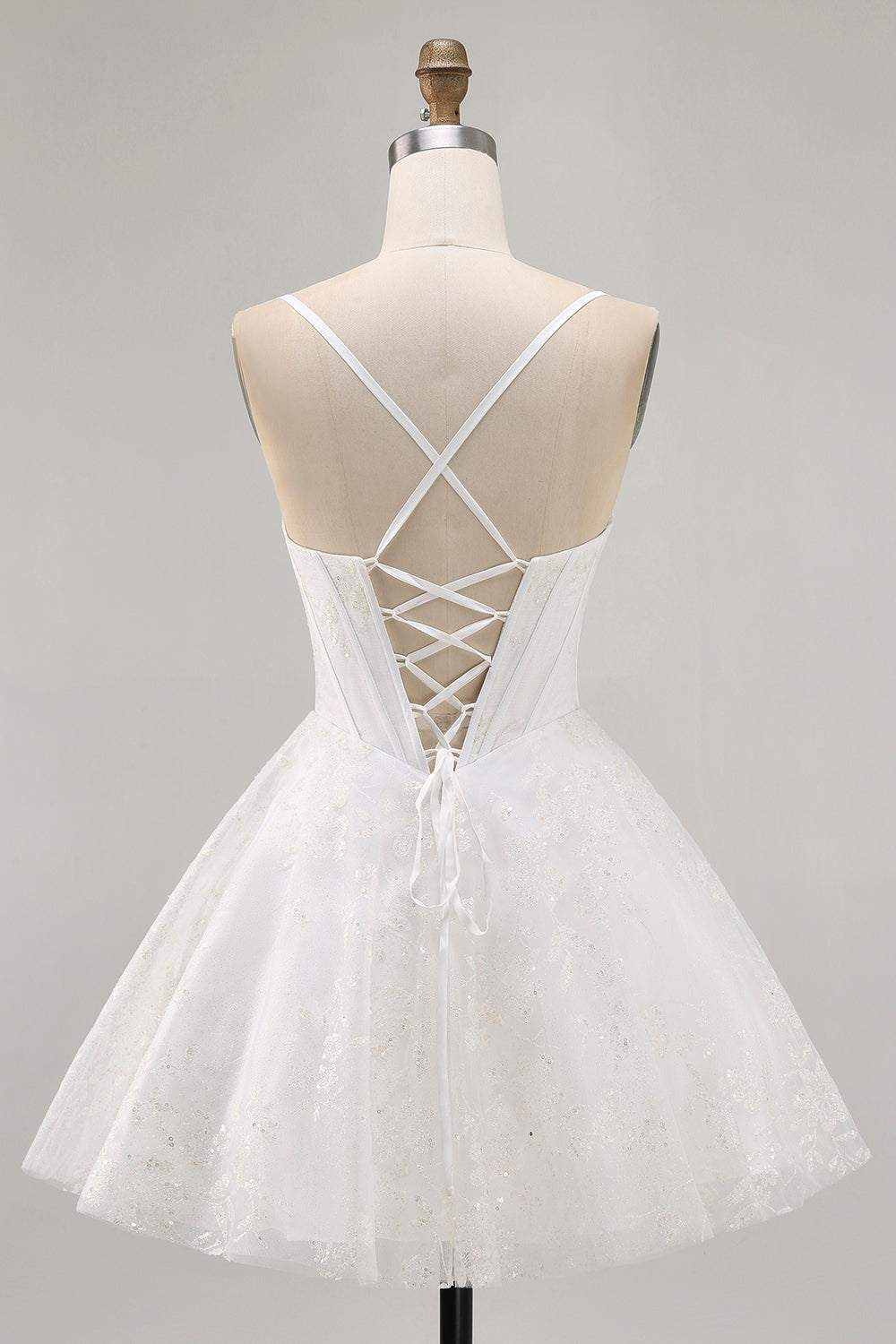 Vit A-linje Korsett Spaghetti Remmar Satin Homecoming Klänning med Appliques