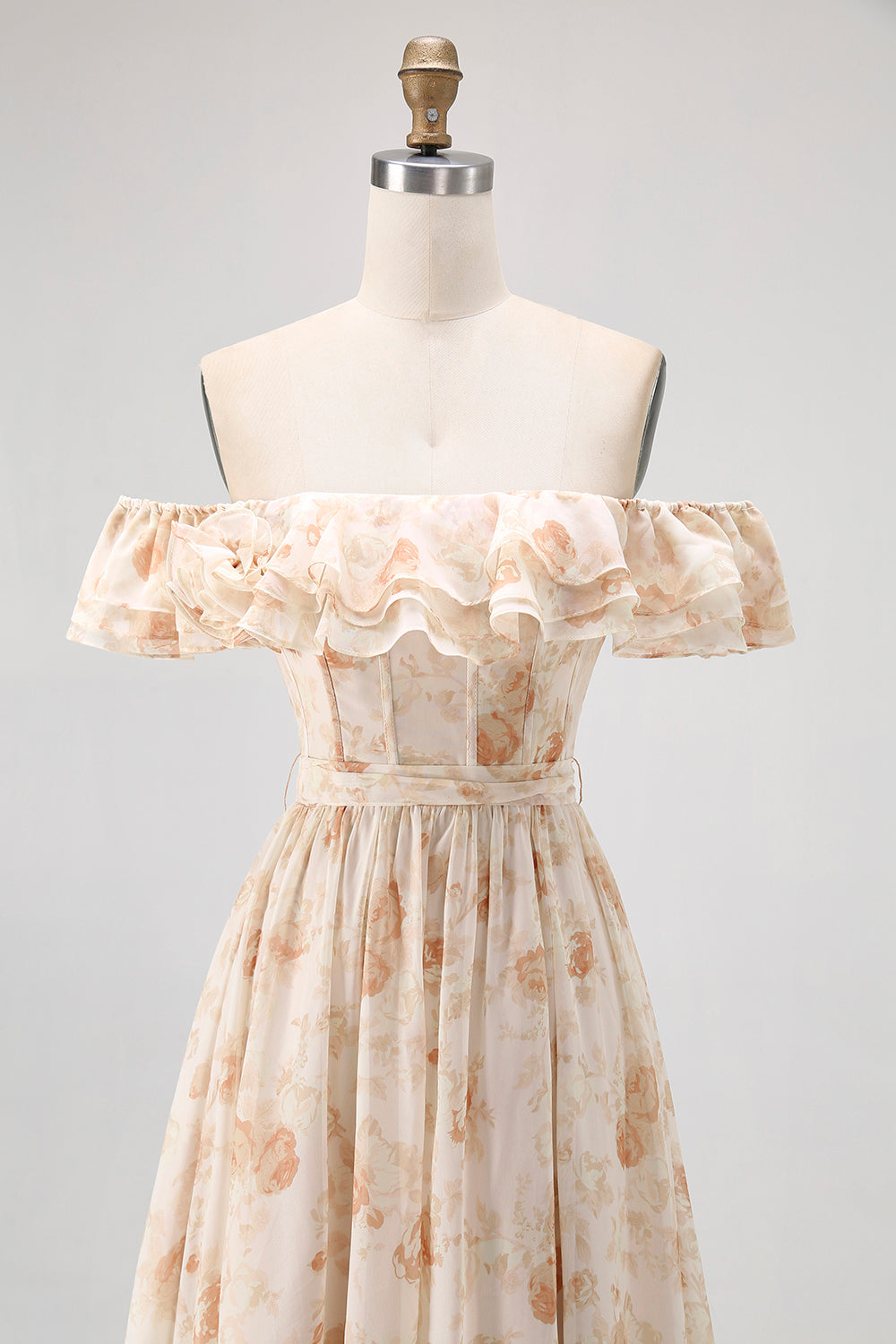 Champagne Blomma Från Axeln Korsett A-linje Brudtärna Klänning Med Slits