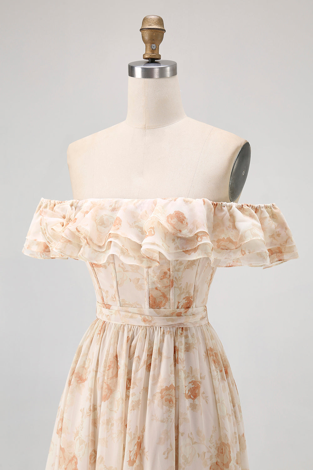 Champagne Blomma Från Axeln Korsett A-linje Brudtärna Klänning Med Slits