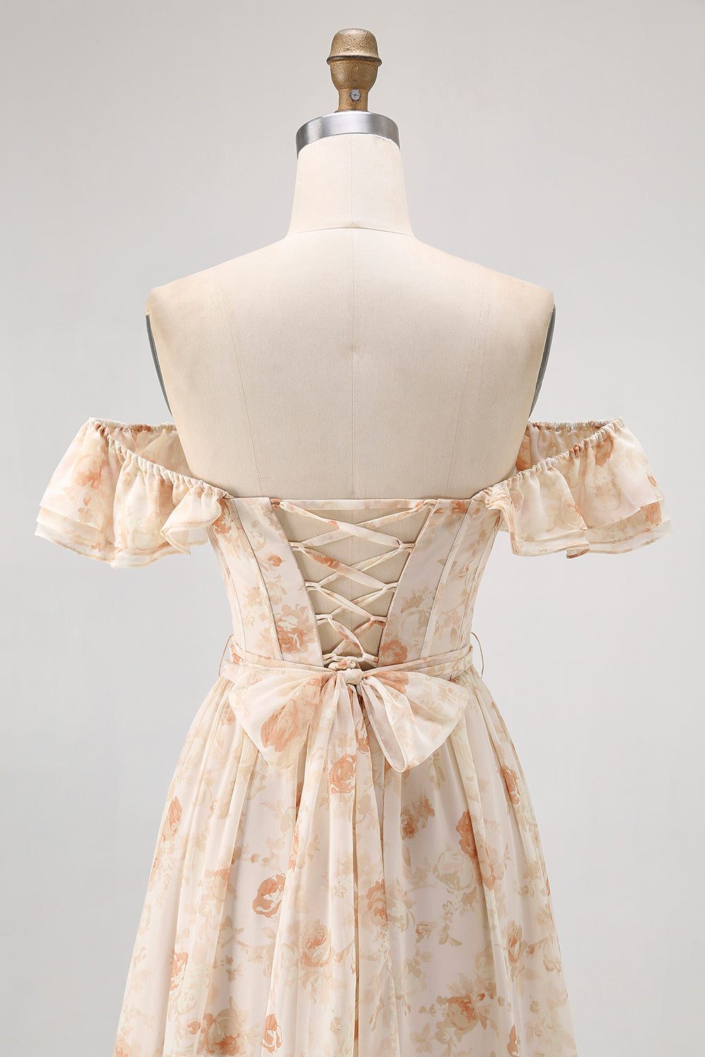 Champagne Blomma Från Axeln Korsett A-linje Brudtärna Klänning Med Slits