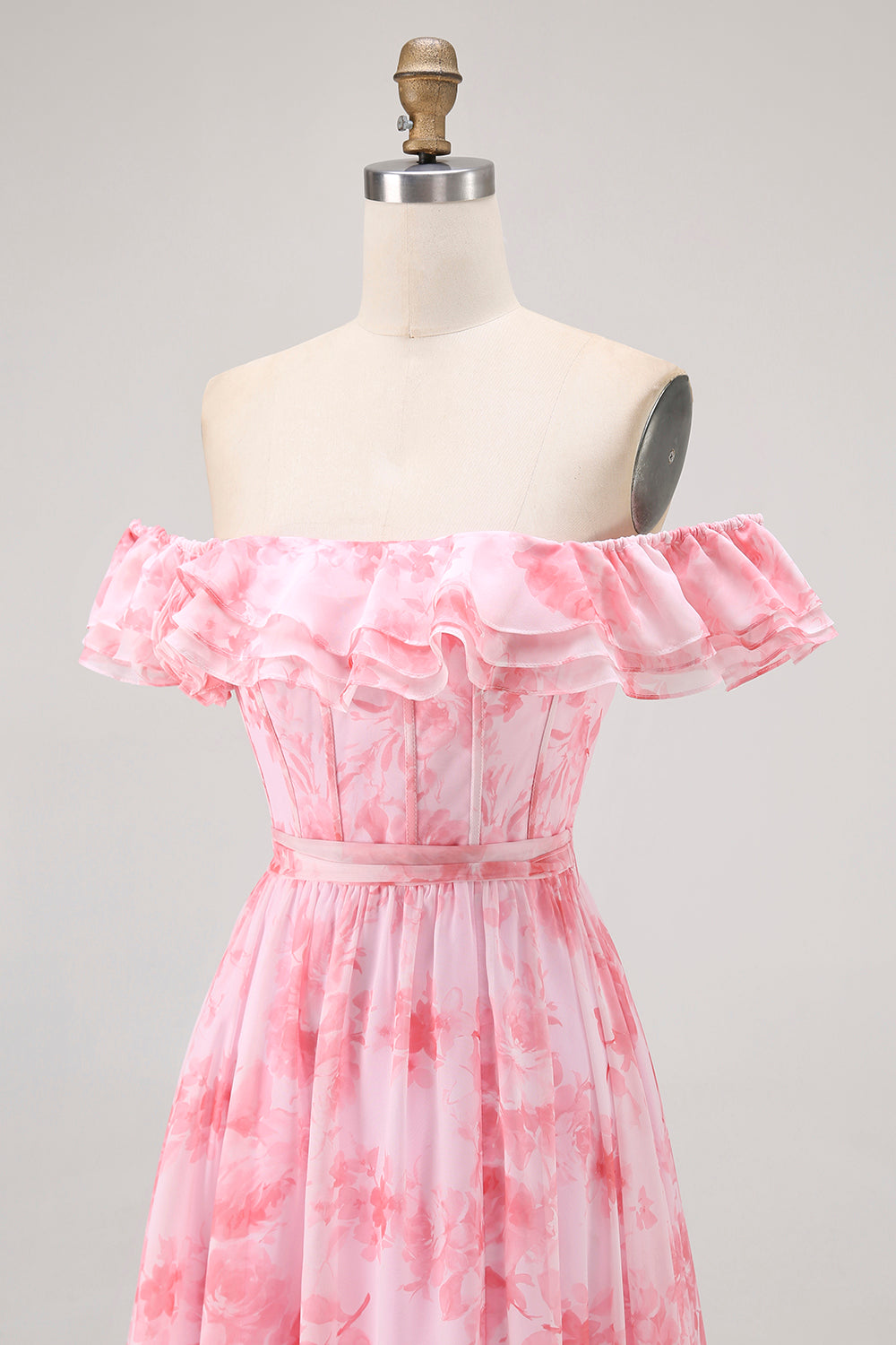 Champagne Blomma Från Axeln Korsett A-linje Brudtärna Klänning Med Slits