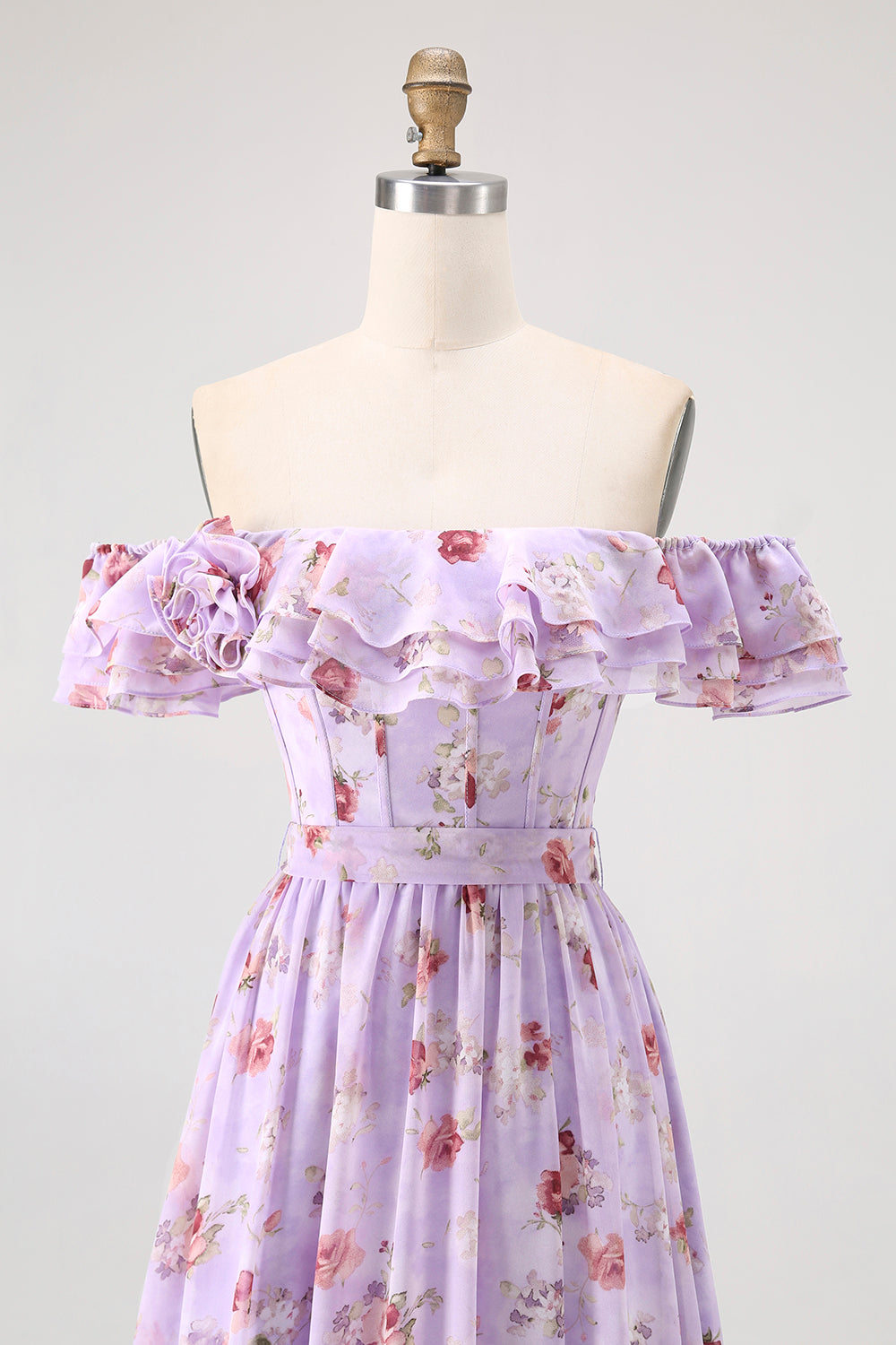 Champagne Blomma Från Axeln Korsett A-linje Brudtärna Klänning Med Slits