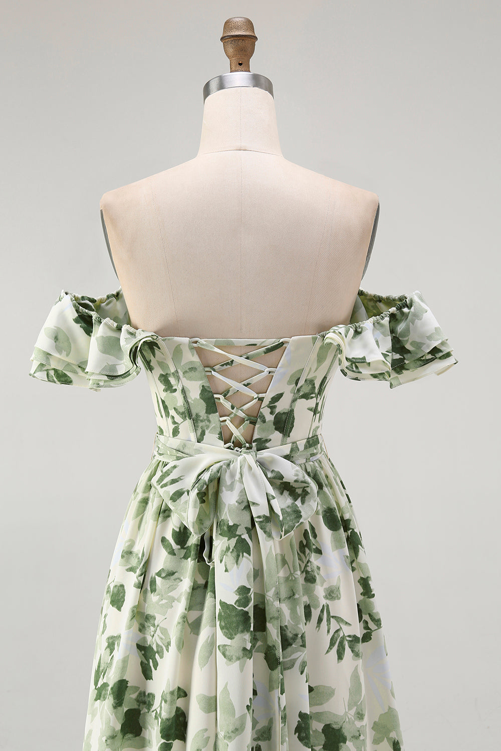 Grön Blommig En Linje Från Axeln Volang Brudtärna Klänning