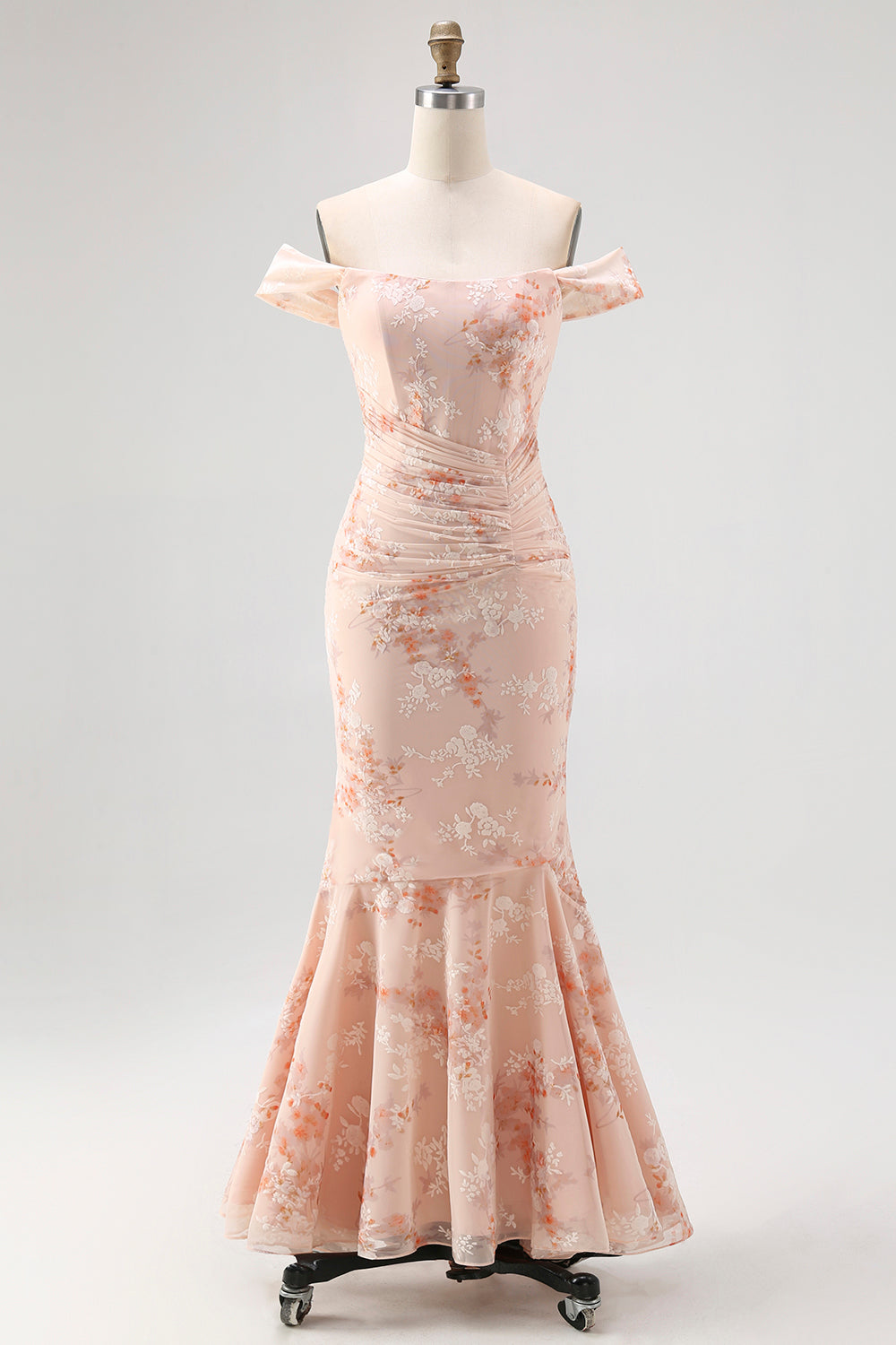 Off the Shoulder Sjöjungfru Champagne Tryckt Rynkad Bröllop Gäst Klänning