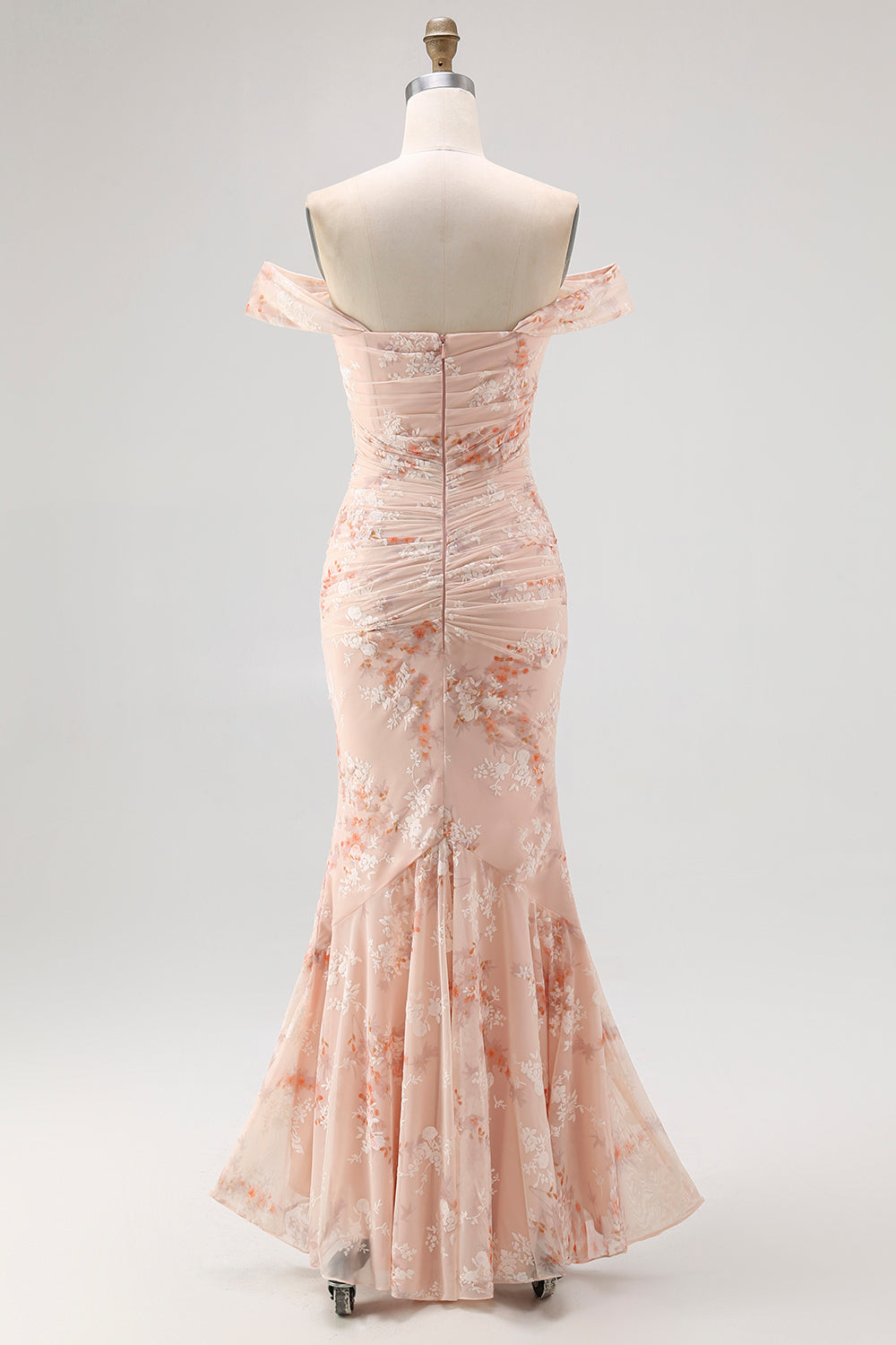 Off the Shoulder Sjöjungfru Champagne Tryckt Rynkad Bröllop Gäst Klänning