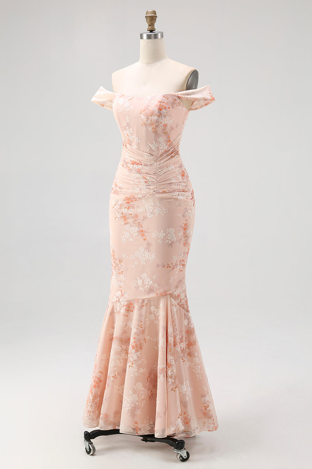 Off the Shoulder Sjöjungfru Champagne Tryckt Rynkad Bröllop Gäst Klänning