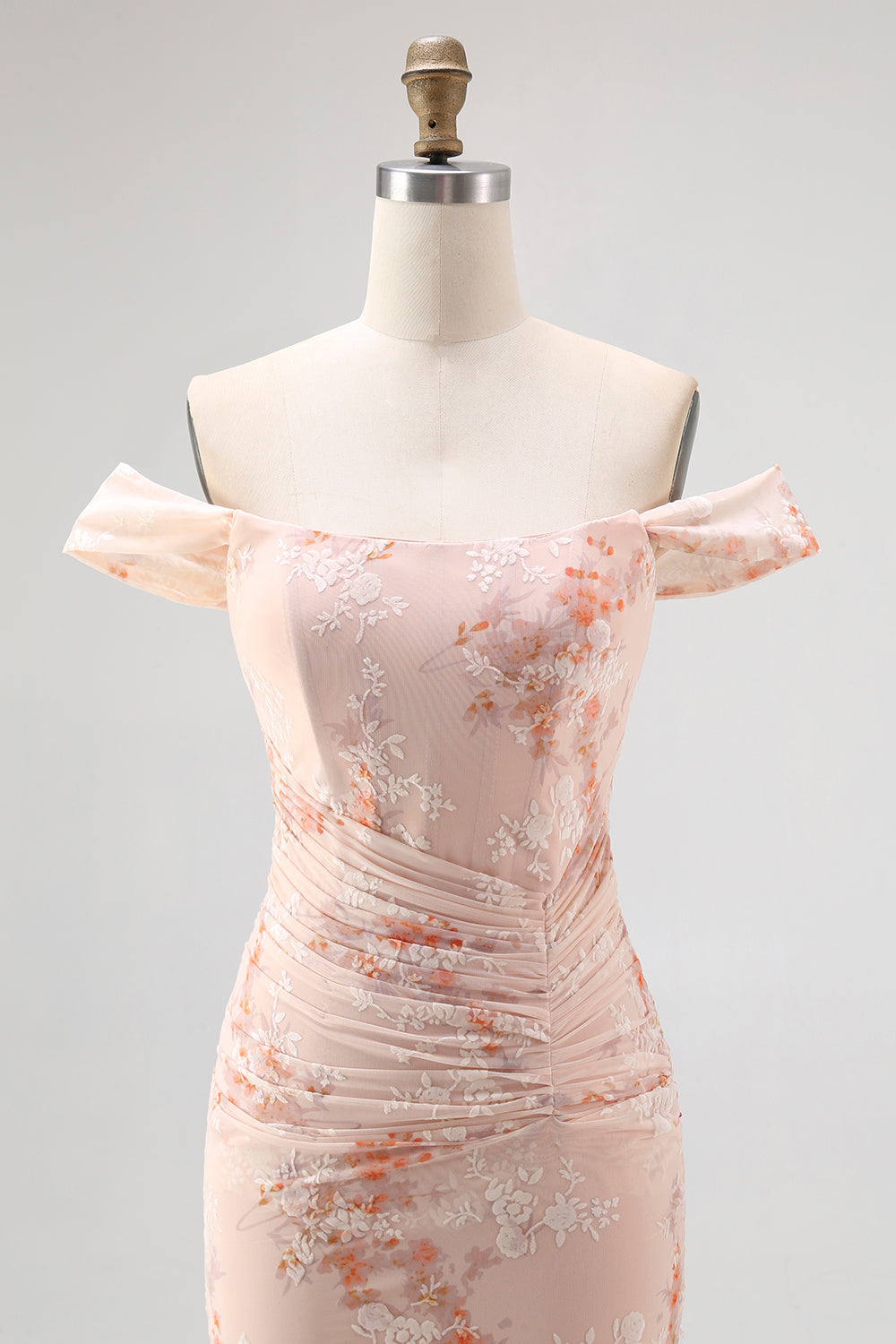 Off the Shoulder Sjöjungfru Champagne Tryckt Rynkad Bröllop Gäst Klänning