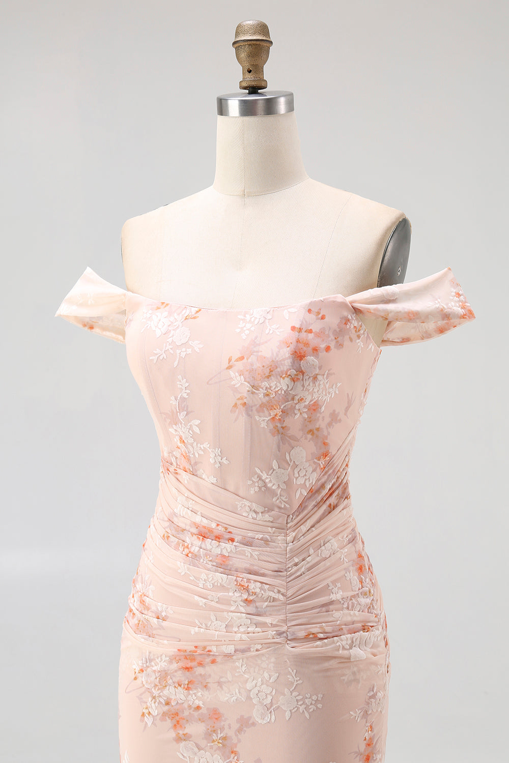 Off the Shoulder Sjöjungfru Champagne Tryckt Rynkad Bröllop Gäst Klänning