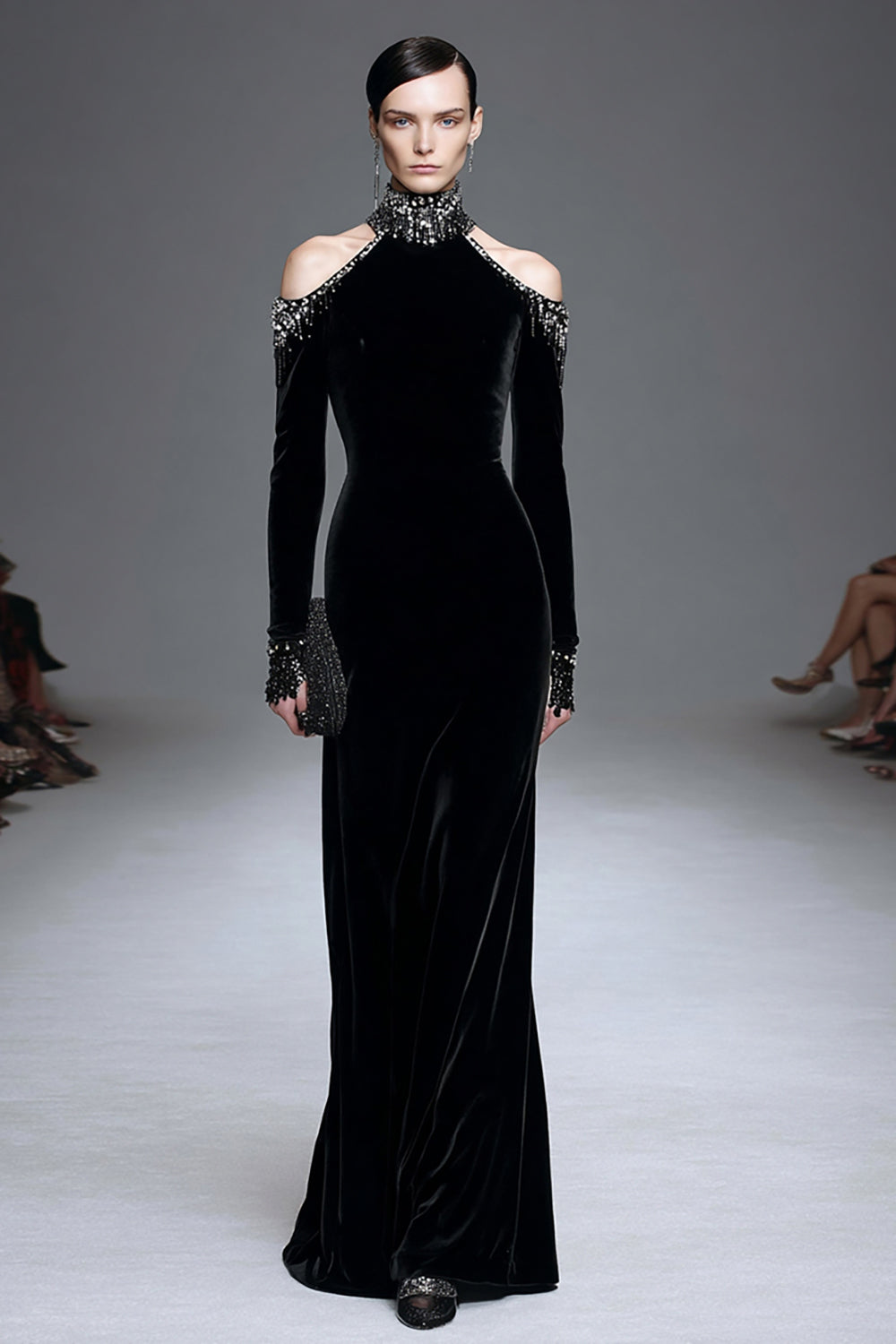 Sammet Svart Hög Hals Långärmad Formell Klänning