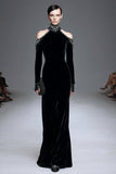 Sammet Svart Hög Hals Långärmad Formell Klänning