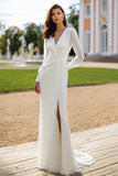 Ivory Sheath Long Sleeve V-Neck Wedding Dress With Slit