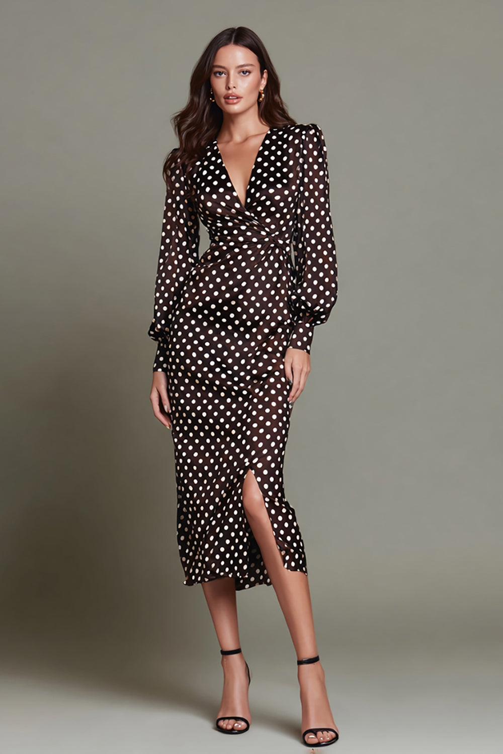 Mörkbrun vit prickig V-ringad bodycon formell klänning med slits